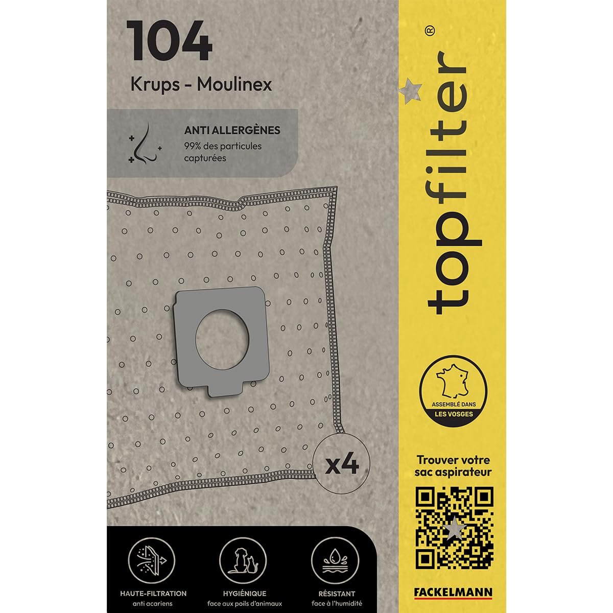 TopFilter Lot De 4 Sacs Aspirateur Compatibles Moulinex & Krups - Qualité Premium Non-Tissé, Filtration Puissante