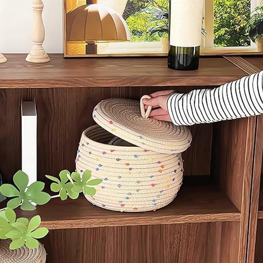 Dirfuny Panier rond en corde de coton, panier de rangement tissé avec couvercle | Organisation de la maison et panier de rangement pour serviettes, articles divers, jouets, maquillage, collations