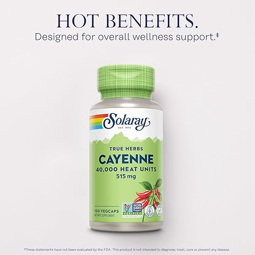 Miniatura 3 de SOLARAY Cayenne Pepper 515 mg  Unidad de calor 40,000  Digestión saludable, circulación, metabolismo y apoyo cardiovascular  Sin OMG  100 cápsulas