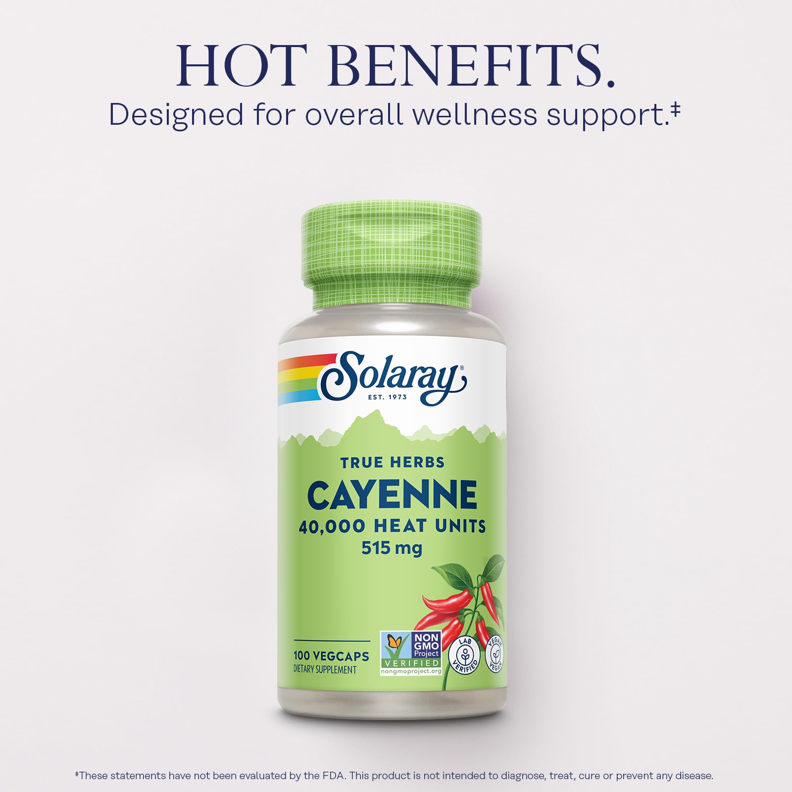 SOLARAY Cayenne Pepper Capsules with Capsaicin - Capsaicin Supplements for Powerful Wellness Support - 40,000 Heat Units per VegCap - Vegan, Non-GMO, Gluten-Free, 60-Day Guarantee, 100 Servings