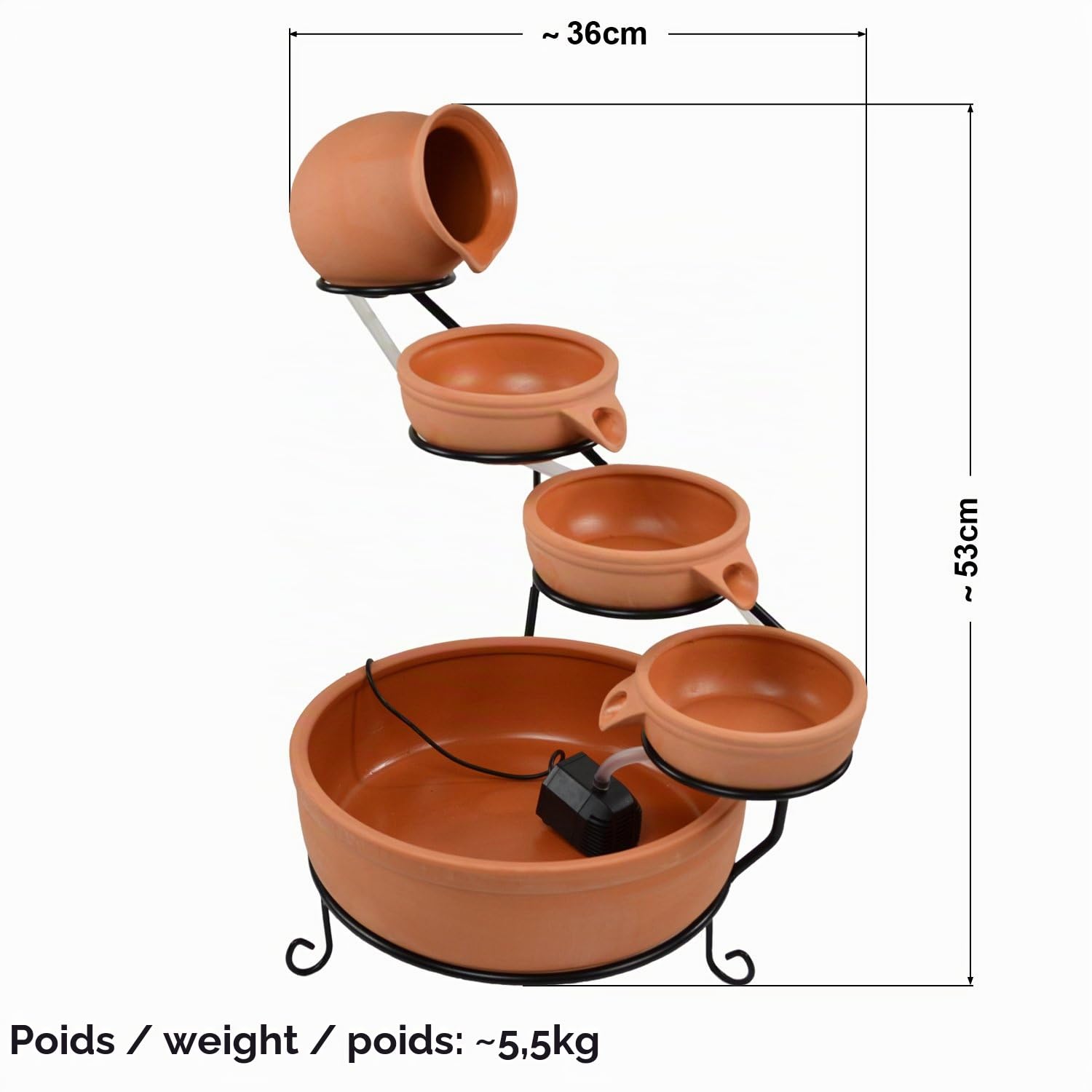 Amur Fontaine Solaire Cascade Pichet et Bols en Argile 55 cm - Déco Originale et Sons Apaisants pour Votre Jardin, Terrasse ou Balcon