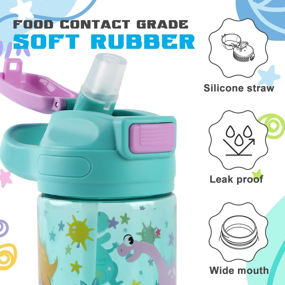 Botella Agua Niños, 400ml, Robusta, a Prueba de Fugas, Sin BPA, con Apertura de un Solo Toque, Fácil de Limpiar, con Pajita, Ideal para La Colegio y el Exterior (Dinosaurio)
