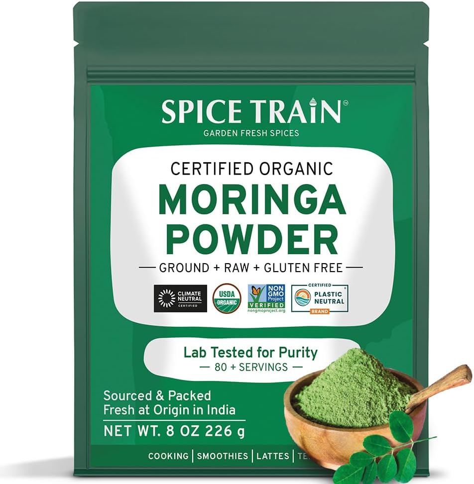 SPICE TRAIN, Organic Moringa Powder (226g/8oz) USDA Organic Moringa Oleifera Leaf Powder | Gluten-Free & Vegan | Perfect for Smoothies, Drinks, Tea & Recipes | Packed in Resealable Zip Lock Pouch