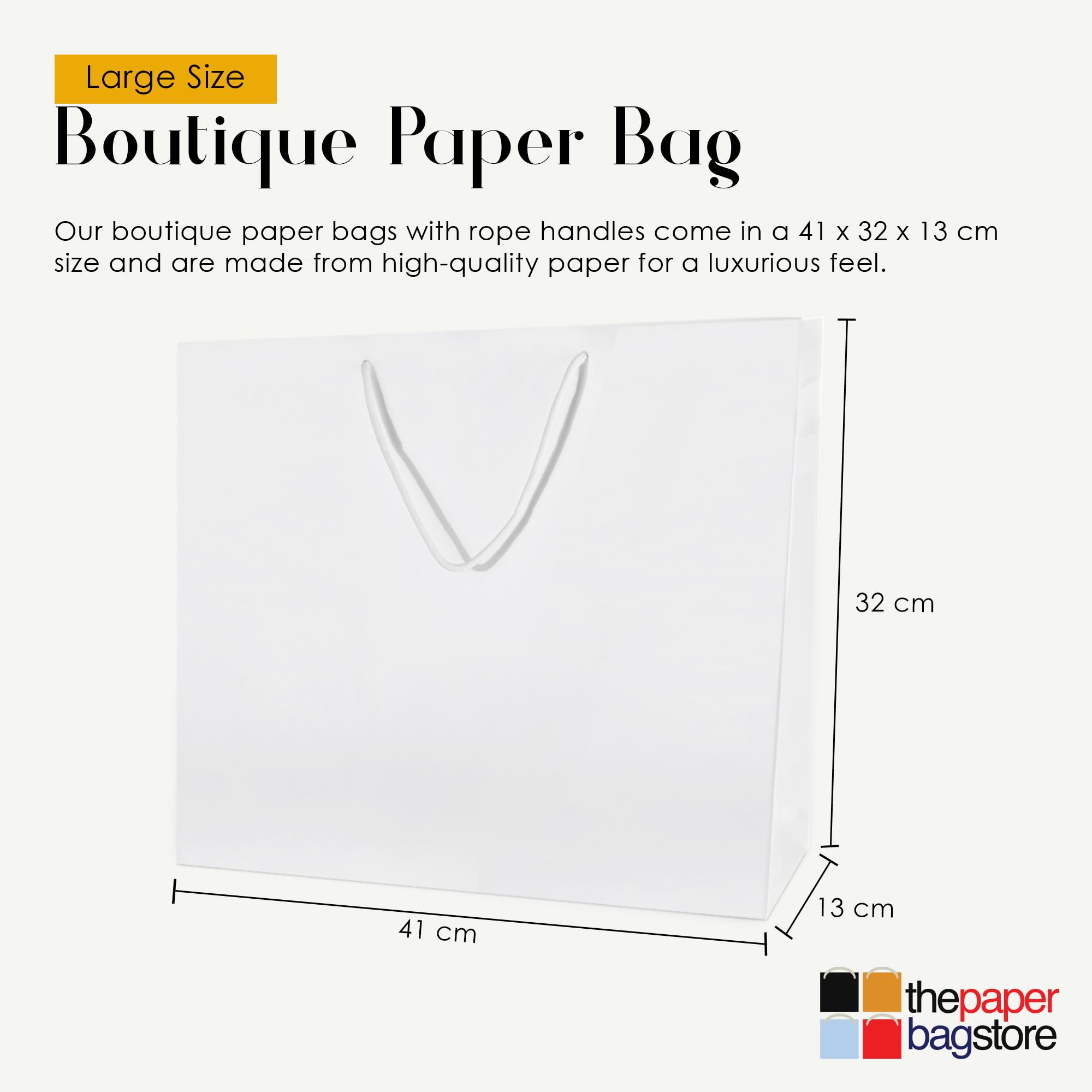 Thepaperbagstore 30× sacs cadeaux blancs grands laminés brillants 41 × 32 × 13 cm – sacs en papier 250 g/m² avec poignées en corde et fond renforcé – pour cadeaux, mariages et événements