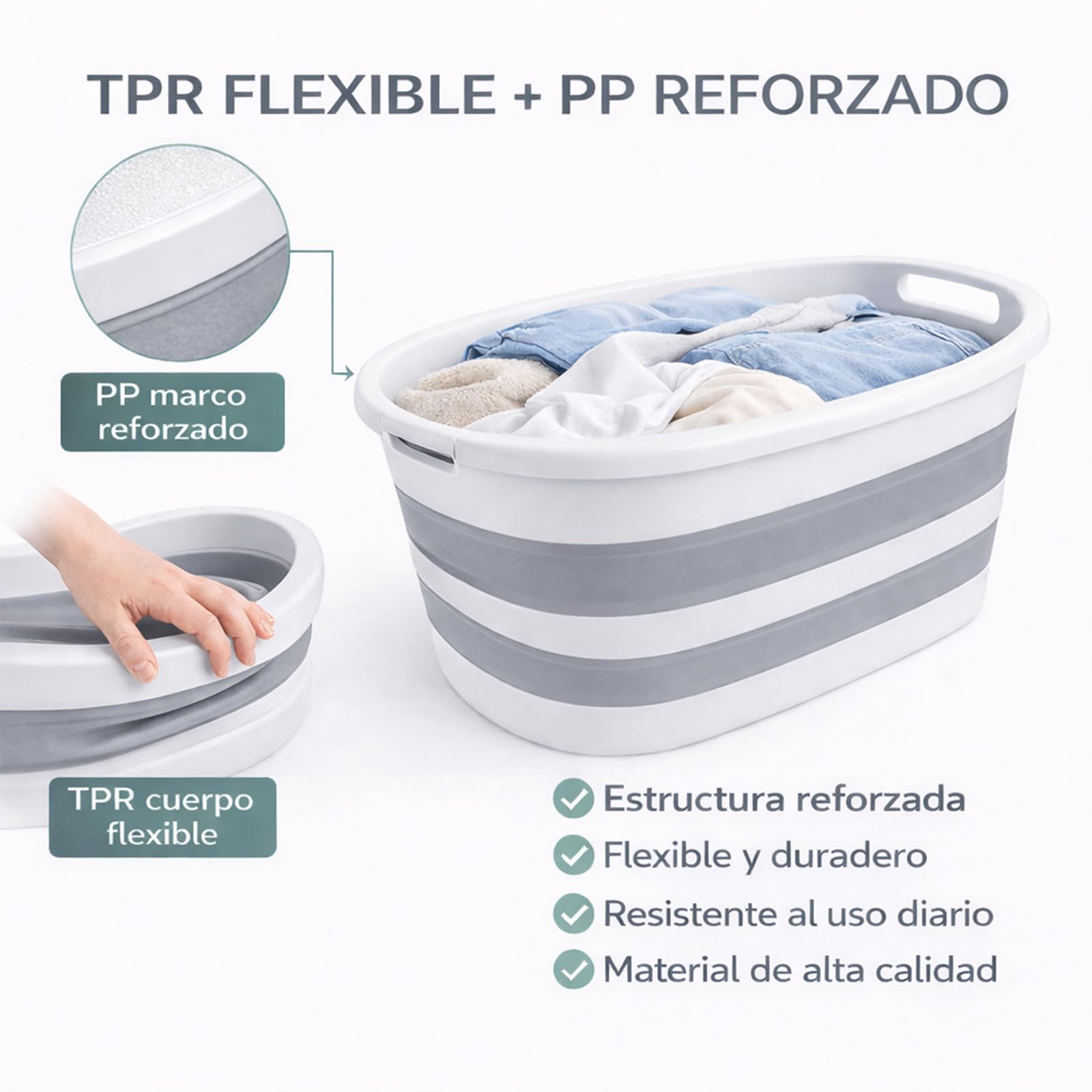 ForenTex Cesta Ropa Sucia Plegable 36L con 2 Bolsas de Lavado, Cesto Ropa Sucia Plástico TPR+PP Resistente, Barreño Colada Plegable Ahorra Espacio para Baño, Lavandería y Dormitorio, Gris y Blanco - 5