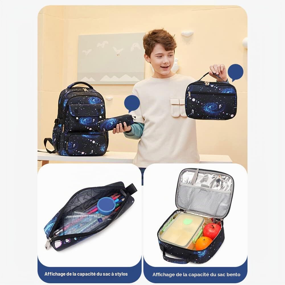 Surakey Cartables Scolaires Garçon, Ensemble de 3 Sacs à Dos + Boîte à Lunch Thermique + Trousse à Crayons, Sac a Dos Enfant Garçon, CM2 CM1 CE2 CE1 CP Sacs Scolaires, Sac à Dos Ciel Étoilé Bleu