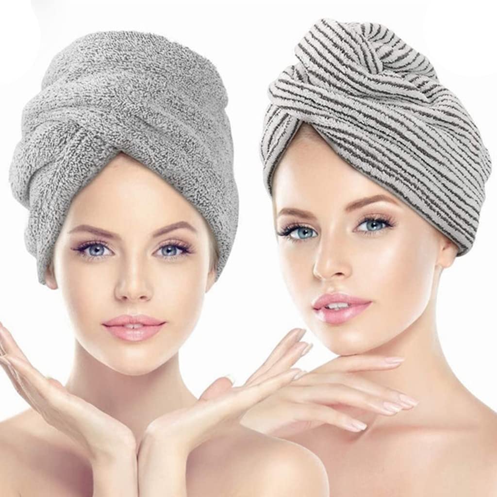 2pcs Ultra Plush Microfiber Hair Towel Wrap Gray Ultra Absorbent Drying Cap for Drying Curly Long Hair (Grey,Super_Single)