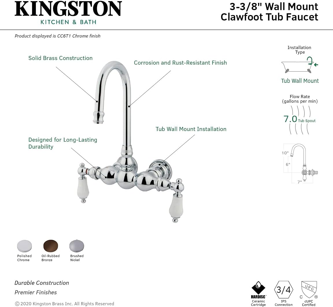Kingston Brass CC5T5 Vintage 3-3/8-Inch Wall Mount Tub Faucet, Oil Rubbed Bronze