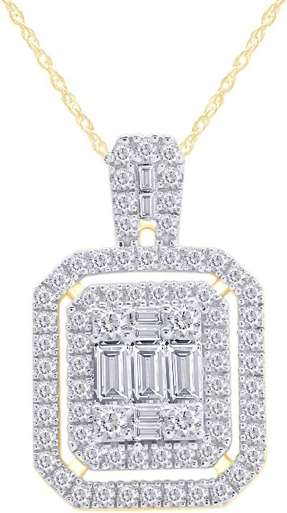 SAVEARTH DIAMONDS 1 CT.t.w Baguette And Round Cut Lab Grown Diamond Cluster Pendant Necklace In 14k Gold Along With 18" Chain, VS-SI Clarity, 1 Cttw