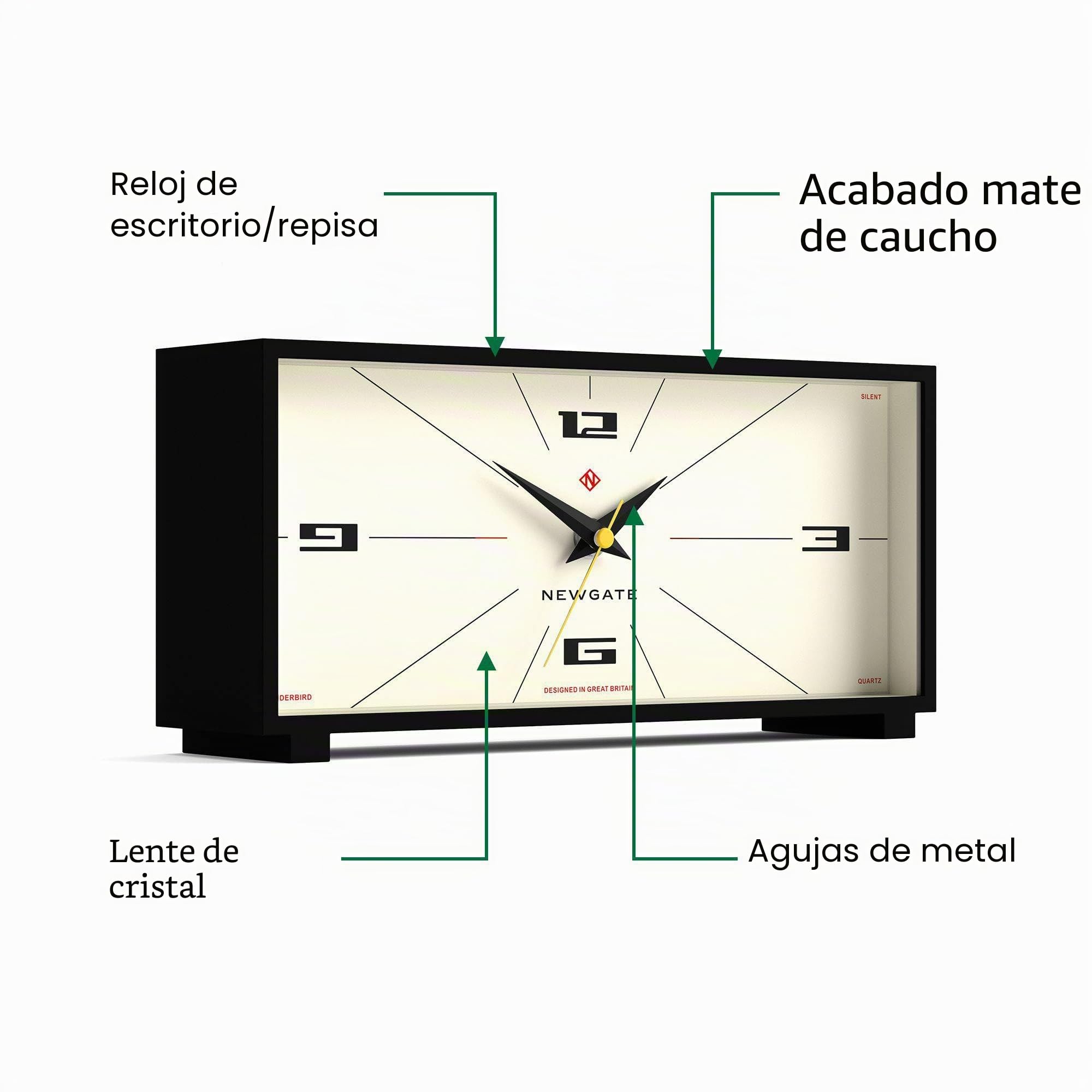 NEWGATE® Thunderbird Reloj de Escritorio | Diseño Rectangular Retro contemporáneo | Negro | Estilo Moderno de Mediados de Siglo para Escritorio, repisa, Superficie de Mesa o estantería