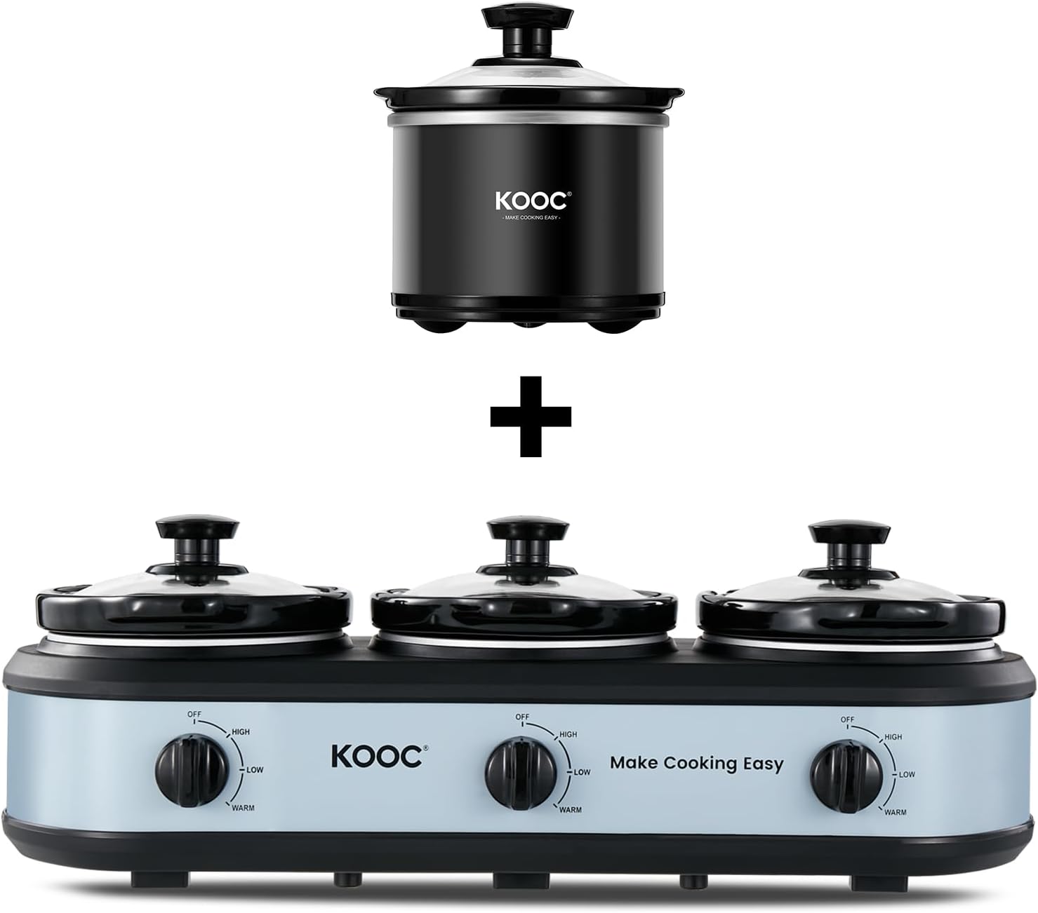 KOOC Small Slow Cooker, 0.65 Quart, Sauces, Stews & Dips, Stainless Steel, Black, Round + Triple Slow Cooker Buffet Server 3x1.5 Quart Individual Temp Control With Lid Rests & Spoons Blue Grey