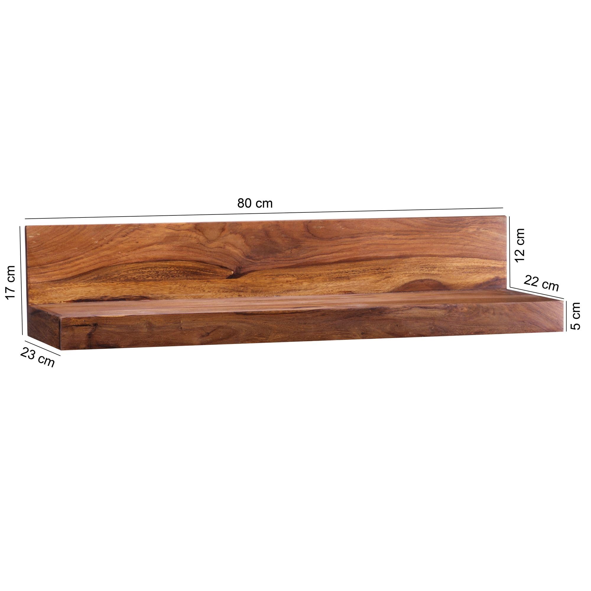 FineBuy Półka Ścienna 80 cm Sheesham Masyw, Półka Wiszący Styl Rustykalna | półka ścienna z drewna z ścianką tylna, półka wisząca ręcznie wykonana, każdy deska unikat, do salonu i przedpokoju