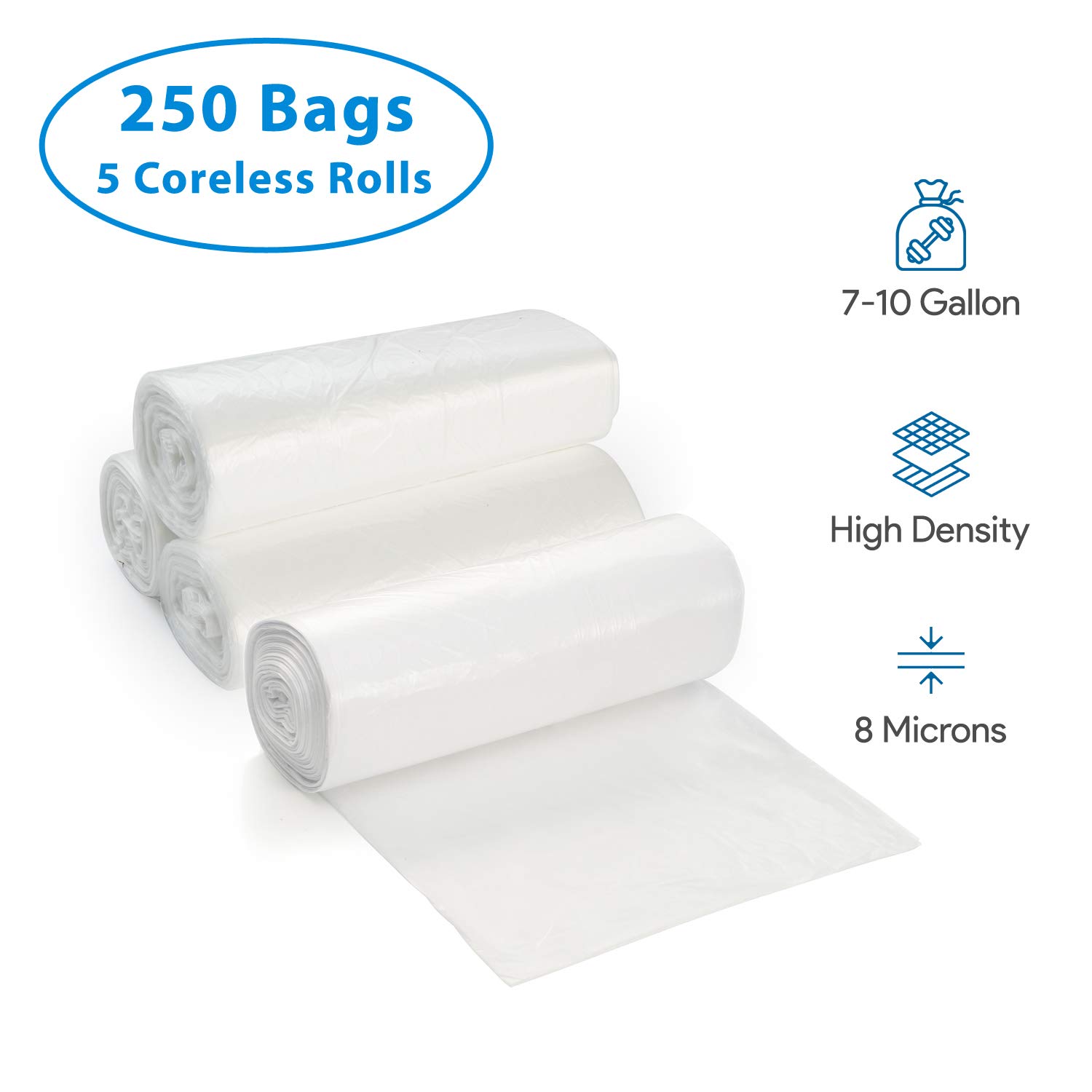 7-10 Gallon Clear Garbage Can Liners, 250 Count - Small - Medium Trash Can Liners - High Density, Thin, Lightweight, 8 Microns - For Office, Home, Hospital Wastebaskets - 5 Coreless Rolls