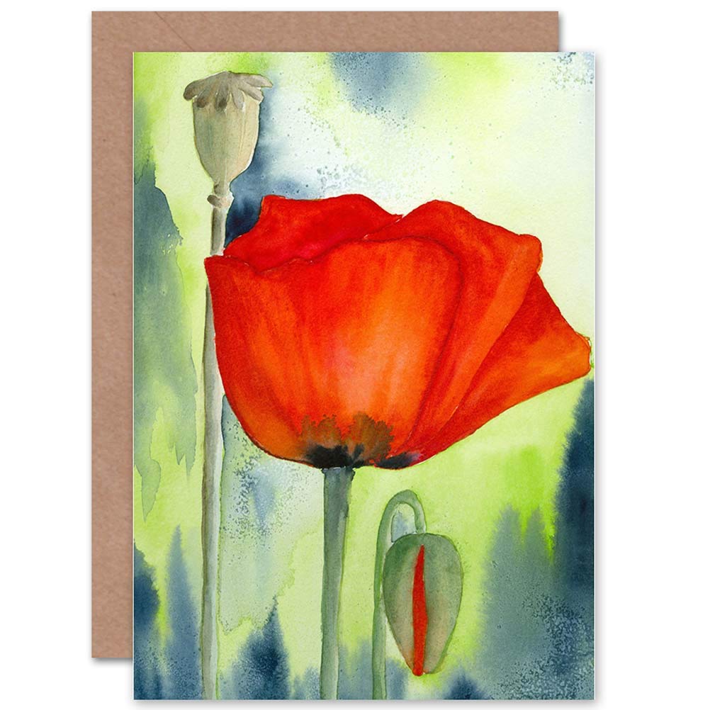 Wee Blue Coo POPPY FLOWER PAINTING WATERCOLOUR RED BLANK GREETINGS BIRTHDAY CARD ART