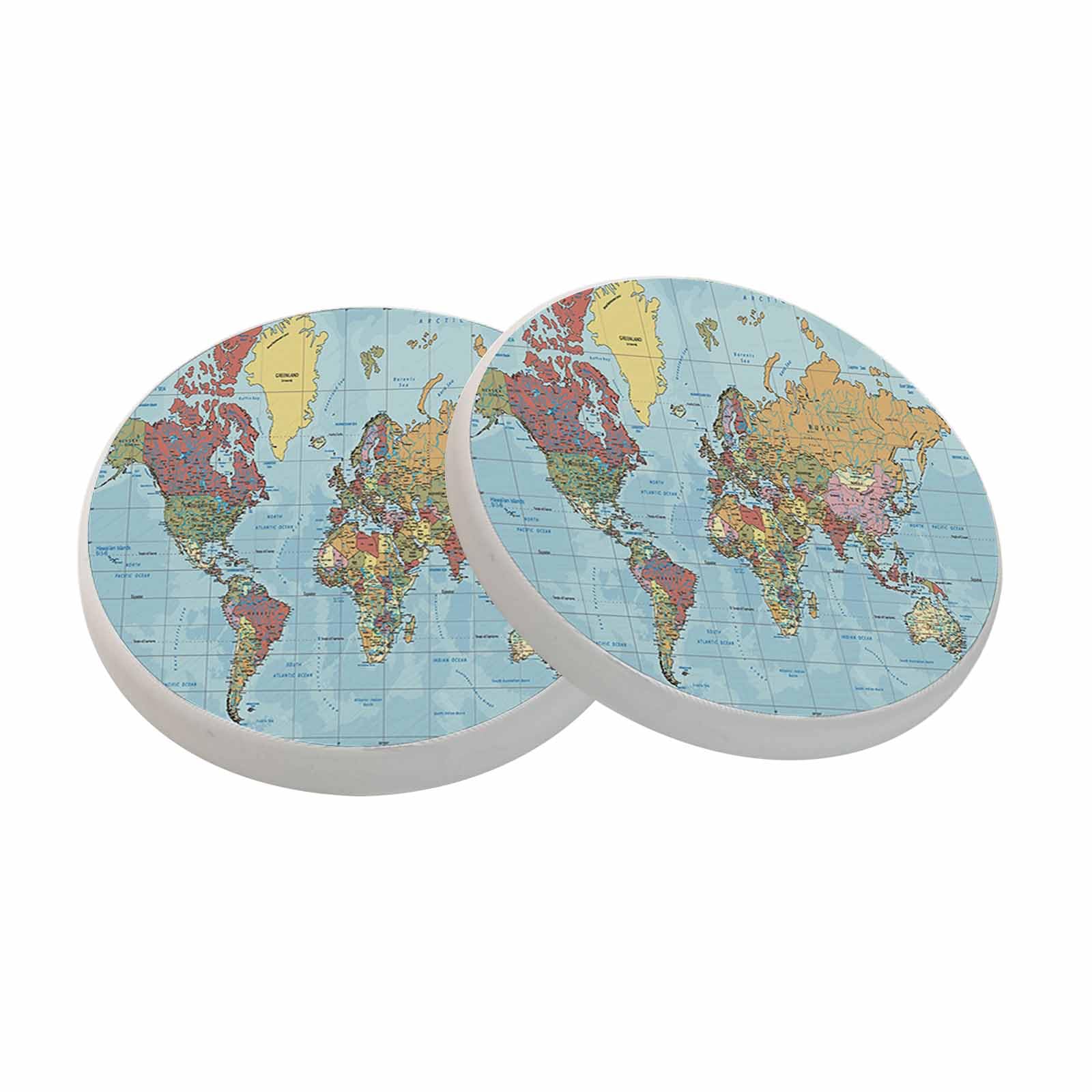 World Map Ceramic Drink Coasters - OceanContinental Countries Partial Absorbent Round Table Coasters - Decorative Set 2 Pack โ image 1