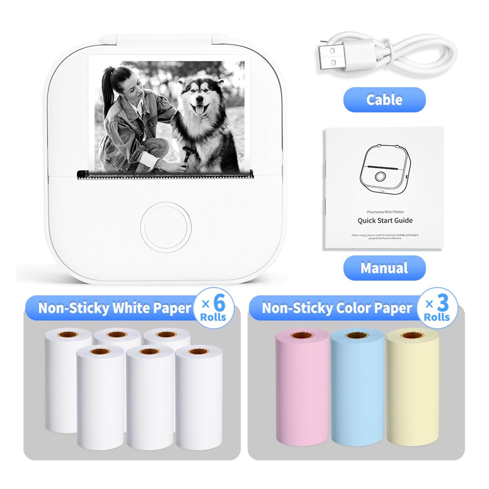 Imprimante Thermique D'éTiquettes Mini-imprimante Thermique Portable T02, Mini-imprimante D'étiquettes De Poche, Auto-adhésive, Machine À Étiquettes Autocollantes, Divers Papiers D'étiquettes(White-Se