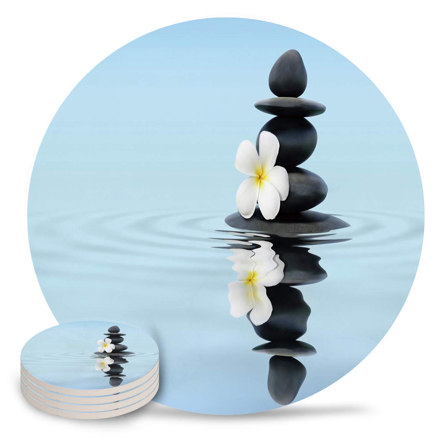 Bar Coasters Set Zen Spa Absorbent Ceramic Stone Round Coasters for Drinks Frangipani Flower Pebble Stone Quiet Coasters with Cork Base Cups Mugs Tabletop Protection 4pcs