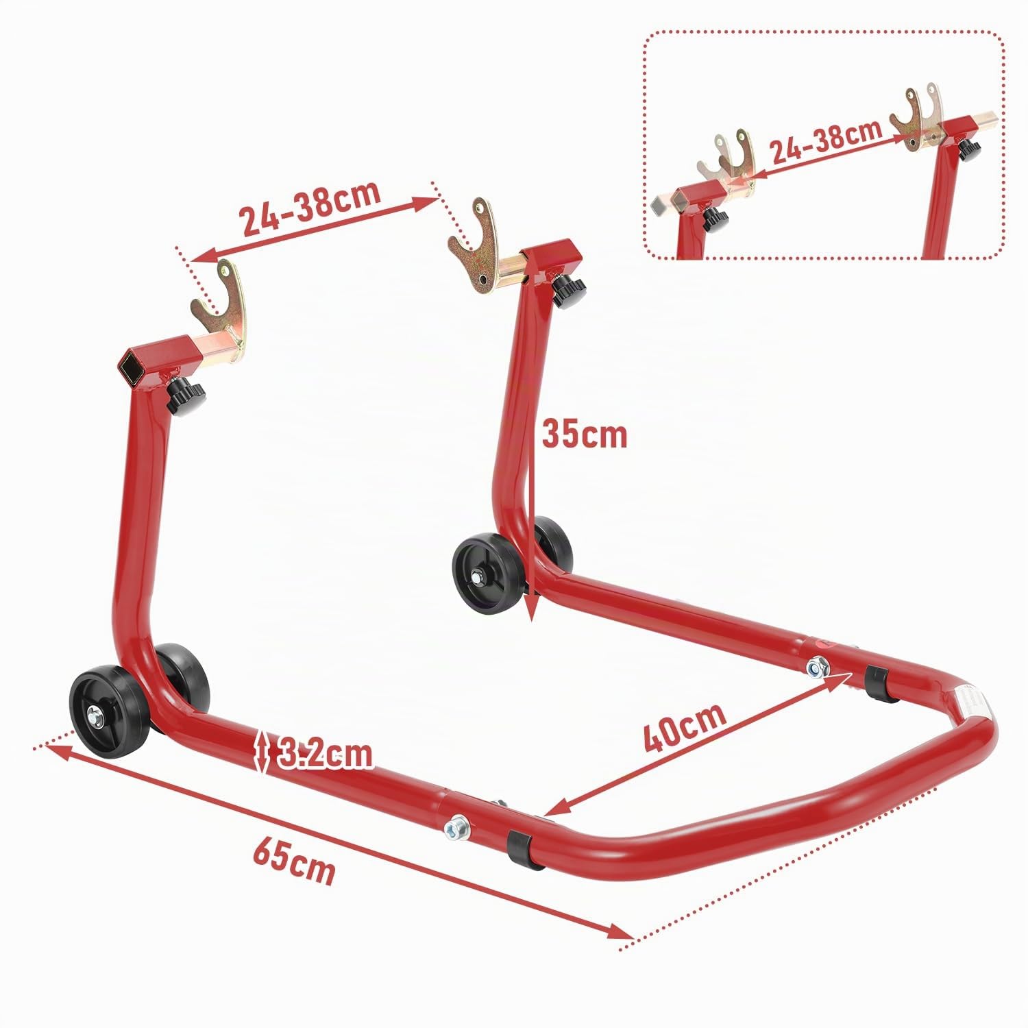 Béquille de montage arrière de moto, béquille de moto, levage de moto arrière, élévateur de montage en acier, largeur réglable, travaux de maintenance/montage pour motos jusqu'à 300 kg, rouge