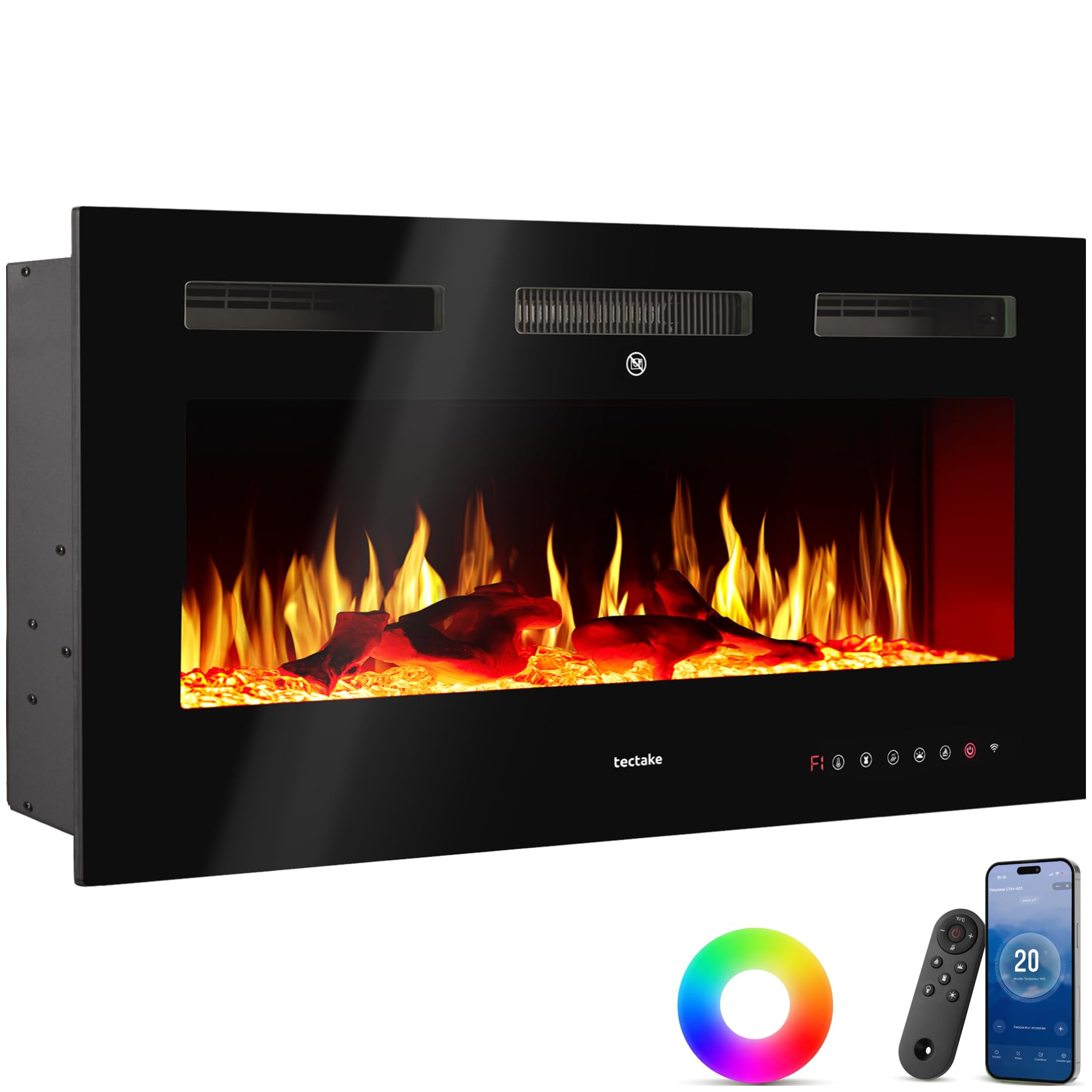 tectake® Caminetto elettrico da parete, Camino Elettrico 106,5x43x12 cm, 2 livelli di riscaldamento 900 W e 1800 W, 6 colori per effetto fuoco finto LED 3D, controllo app e WiFi e telecomando, Stufa