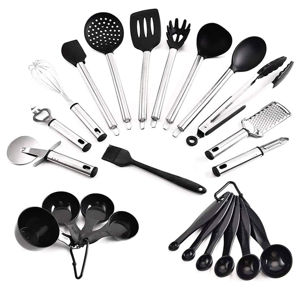 Küchenhelfer aus Silikon, schwarz, antihaftbeschichtet, Küchenspatel, Pfannenwender, Zubehör, hitzebeständige Sets von Edelstahlgriff, Cookware
