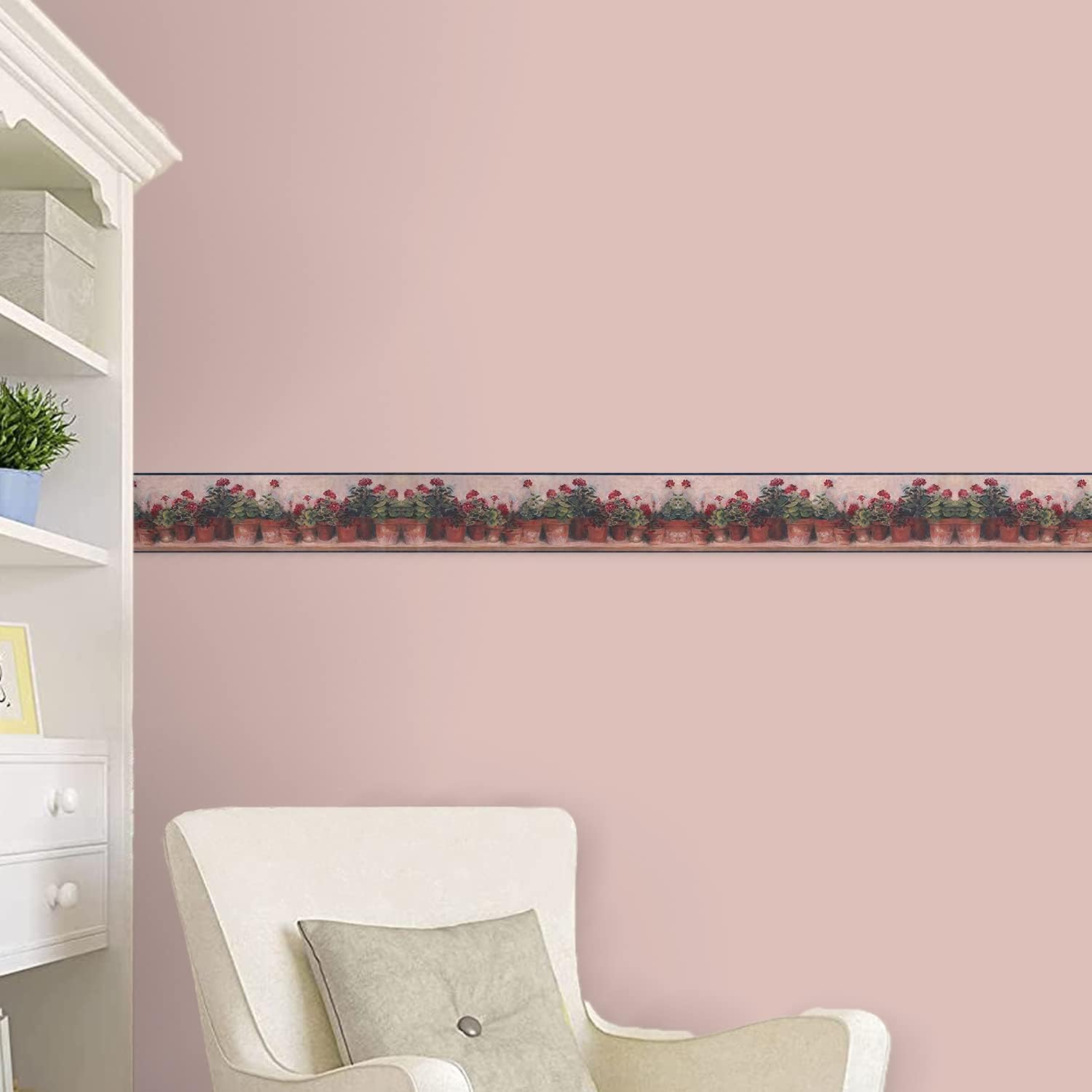 CONCORD WALLCOVERINGS ™ Classic Prepasted Wallpaper Border Featuring Geranium Flowers, Colors Red Green Brown Beige, Size 7 Inch by 15 ft PC95081B