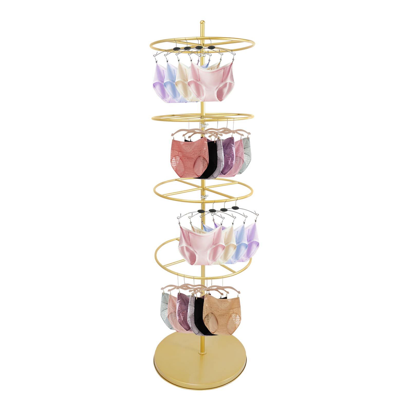 Tapischion Rotatable Round Retail Display Rack, 4 Tier Floor Standing Metal Clothing Rack for Underwear Bras Shorts Socks Scarves (4 Tier, Gold)