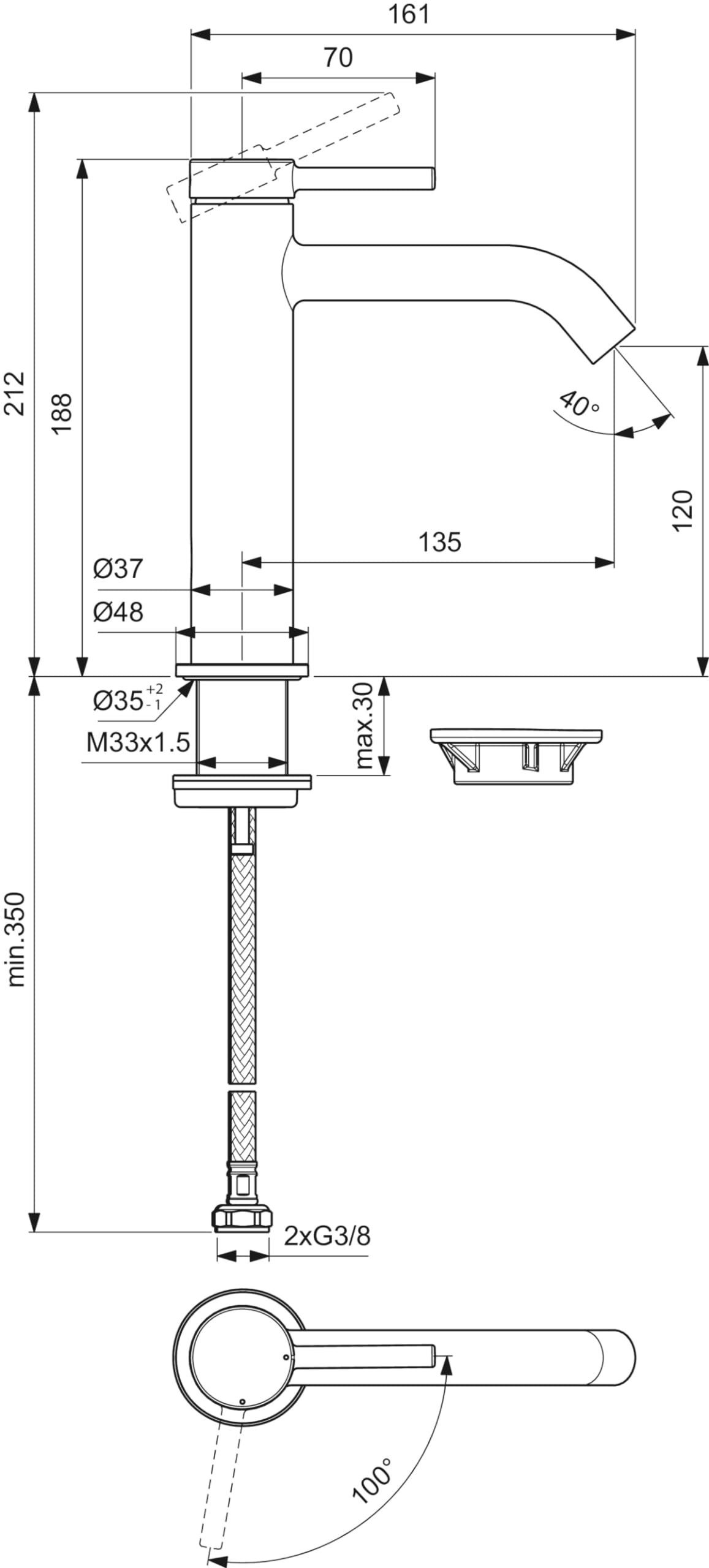 Ideal Standard - Ceraline, Miscelatore monocomando grande, Rubinetto lavabo con cartuccia FirmaFlow, Senza asta di comando e piletta, Sistema BlueStart, Easyfix, Cromato