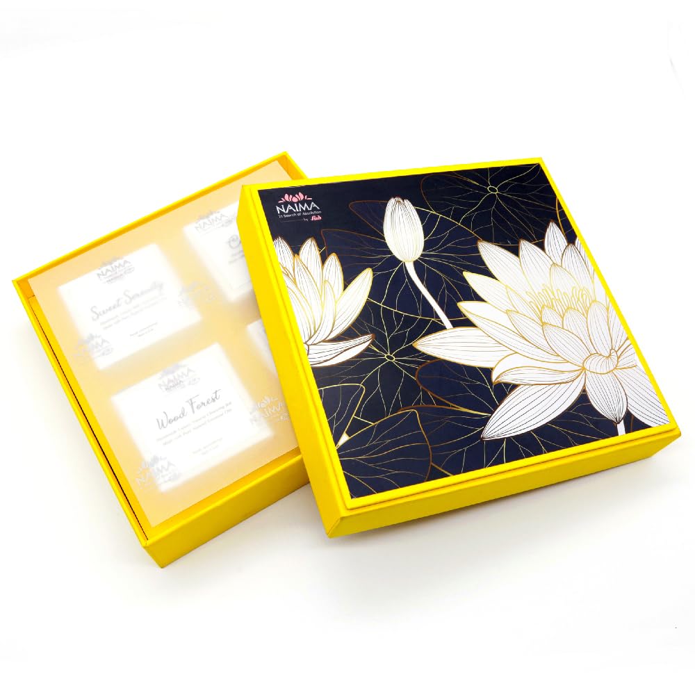 NAIMA All in One Cleansing Gifting Box – Lotus Series with 4 Premium Handmade Soaps - Wood Forest Natural Soap,Tranquil Glycerin Soap, Sweet Serenity Milk Soap & Calming Scrub Soap - 100g Each-image-11