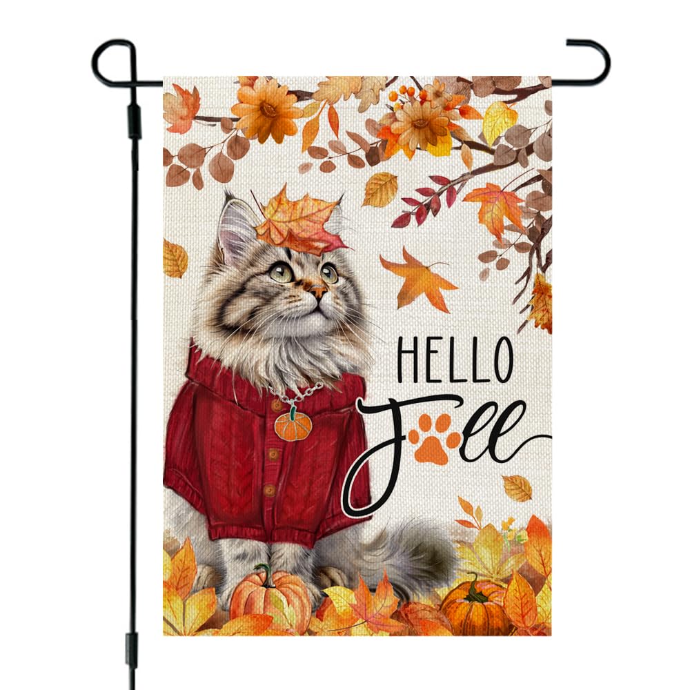 CROWNED BEAUTY Hello Fall Cat Garden Flag 12x18 Inch Double Sided Small Burlap Pumpkins Maple Leaves Autumn Holiday Flag for Outside Yard CF1564-12