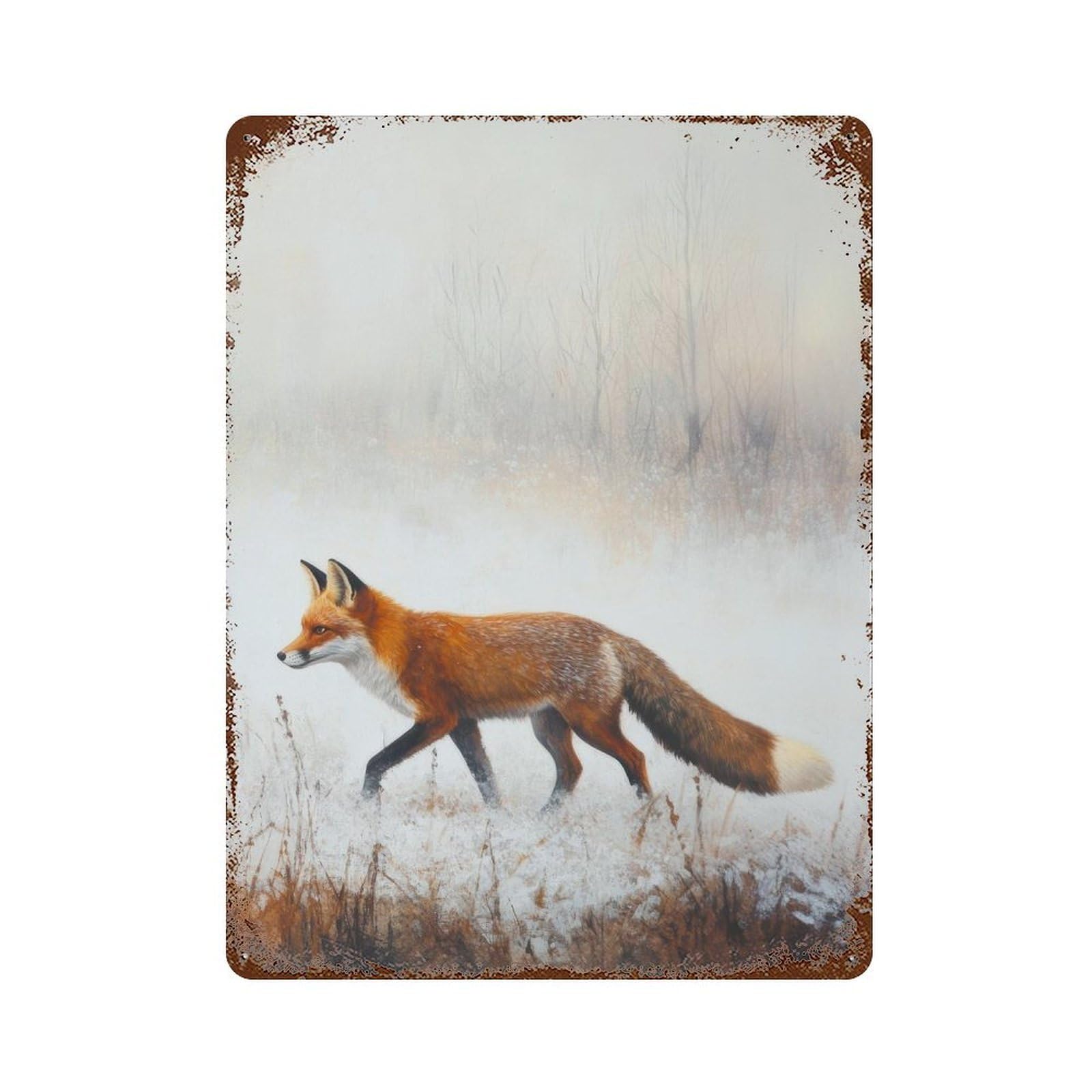 xiaoxiaoshen Fox in Snow Cottagecore Winter Decor Woodland Animal Wall Decor Art Metal Tin Poster Modern Home Decor Art Home Bar Shop Decorations Vintage Sign 40x30cm