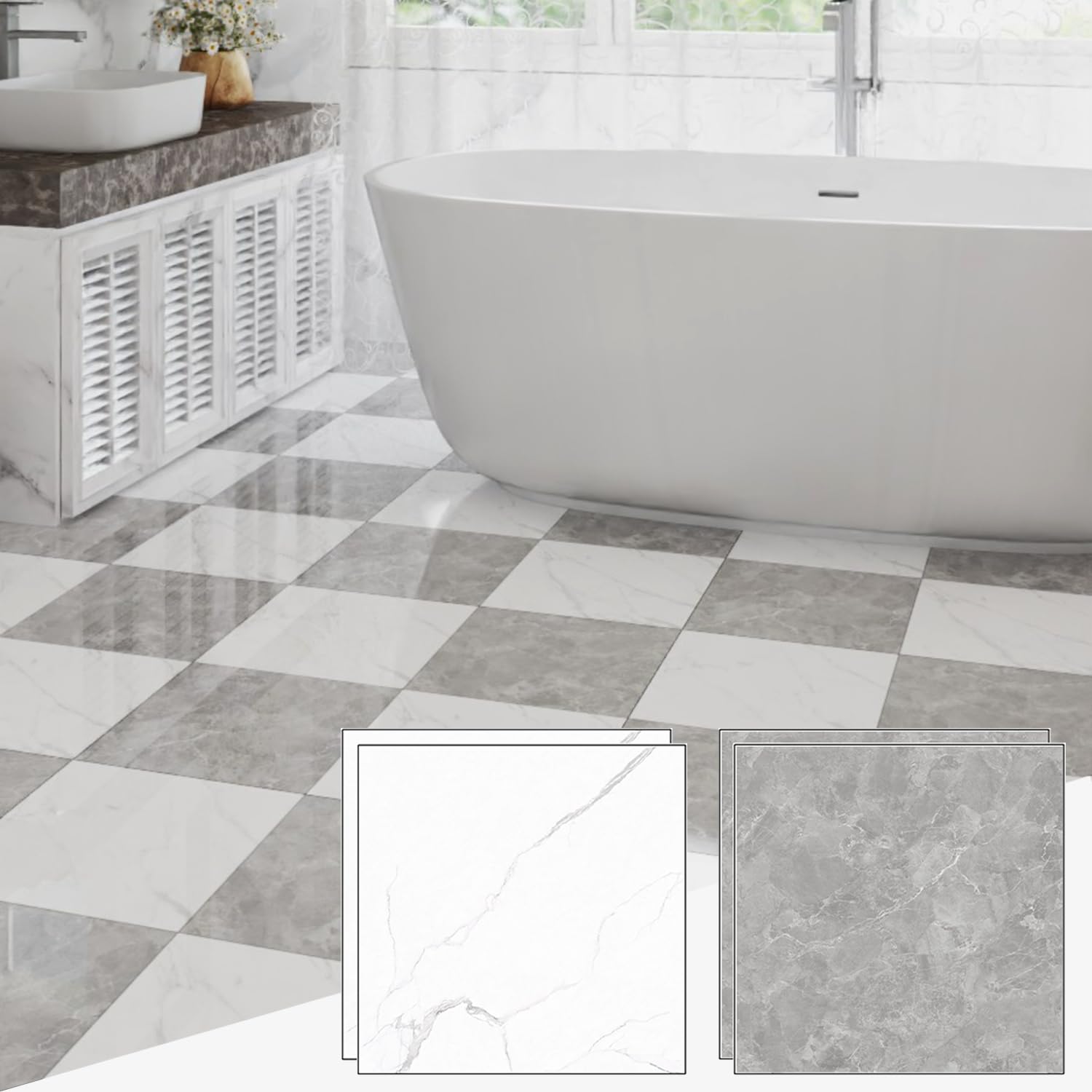 40-Pack 40 Sq.Ft Peel and Stick Floor Tiles Vinyl Glossy Pattern Flooring, 12” x 12” Self Adhesive Vinyl Flooring DIY for Kitchen, Bathroom, Laundry, Polish Light Grey&White Marble