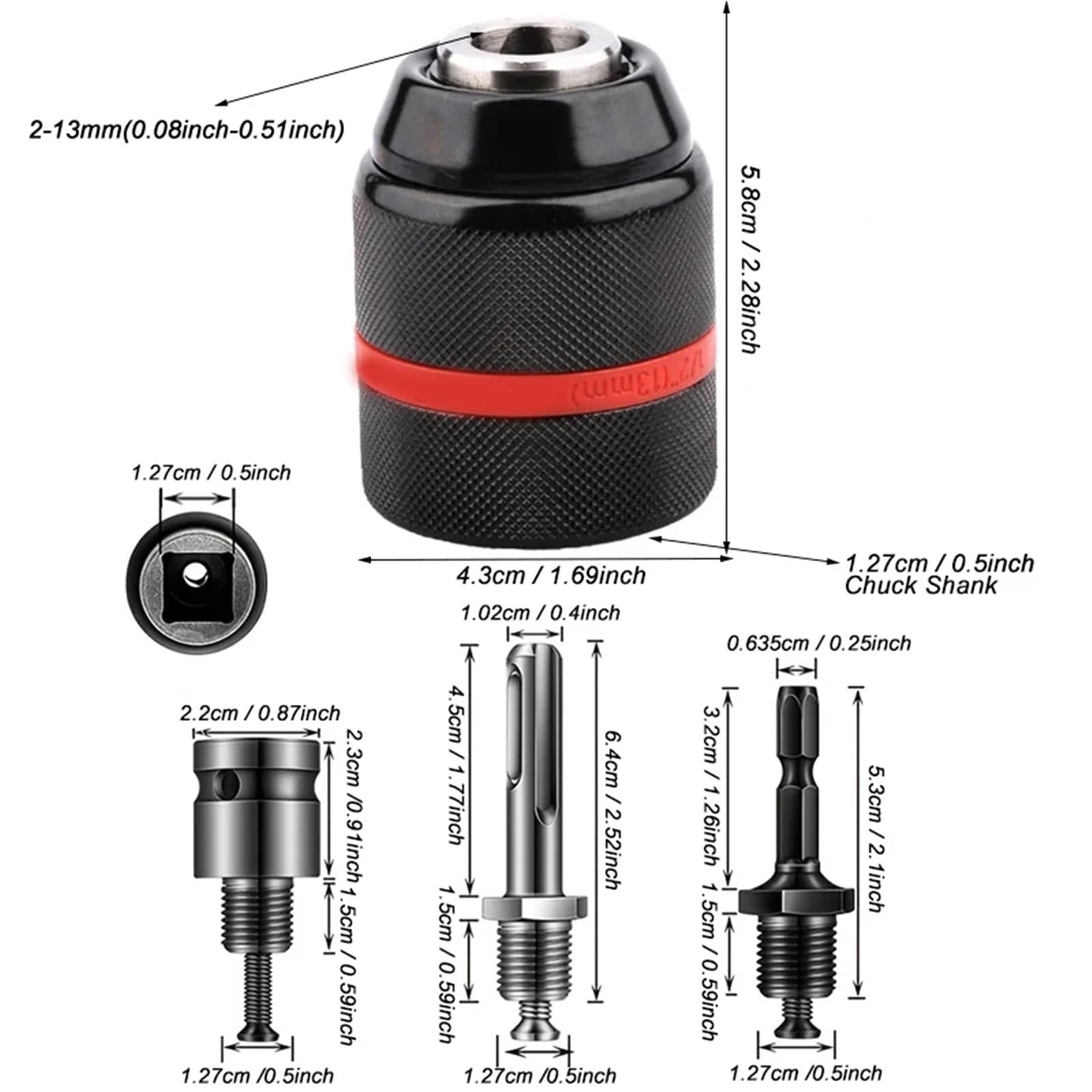 4 pz/set, 2 mm ~ 13 mm filettato in metallo mandrino senza chiave, cambio rapido 1/2-20UNF, gambo di conversione (Hex/SDS-Plus/adattatore quadrato)
