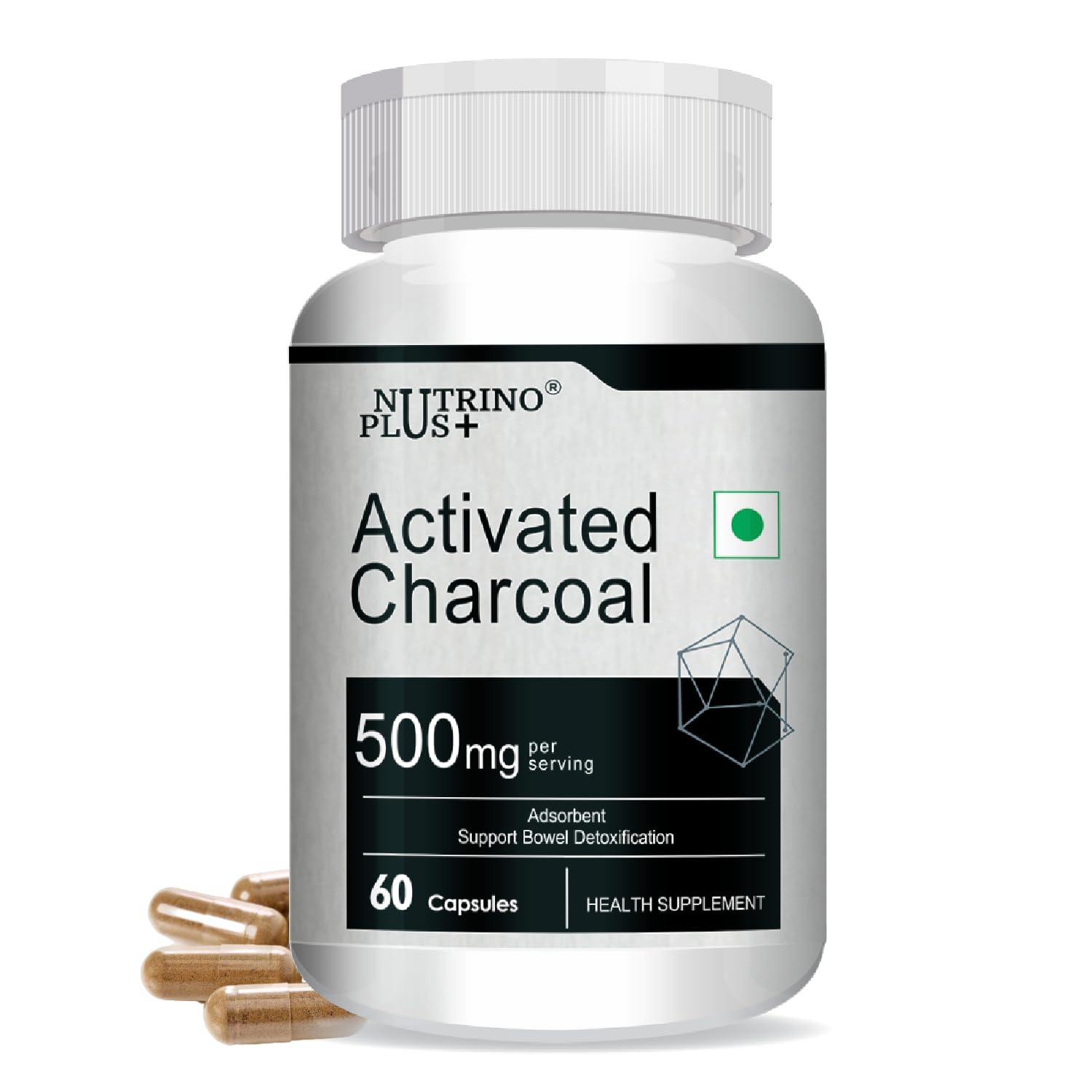 Nutrinoplus® Activated Charcoal 500mg – Bowel Detox & Digestive Support Supplement | Plant-Based, Non-GMO | 60 Veg Capsules | Formulated in USA