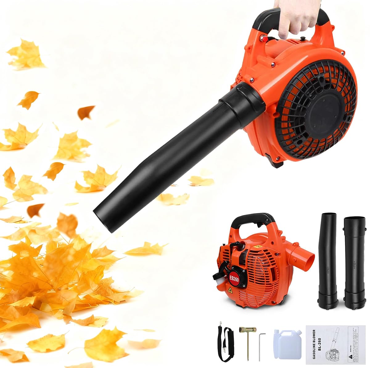 Soffiatore da giardino senza fili a benzina, per neve, erba e soffio, aspiratore potente con motore raffreddato ad aria a 2 tempi da 26 cc, portatile a mano, per soffiare foglie, trucioli di legno