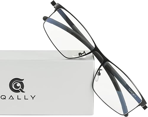QALLY Gafas de juego para hombre, lentes de bloqueo de luz azul, Al-Mg, metal, rectangular, montura deportiva, lente transparente, anti fatiga