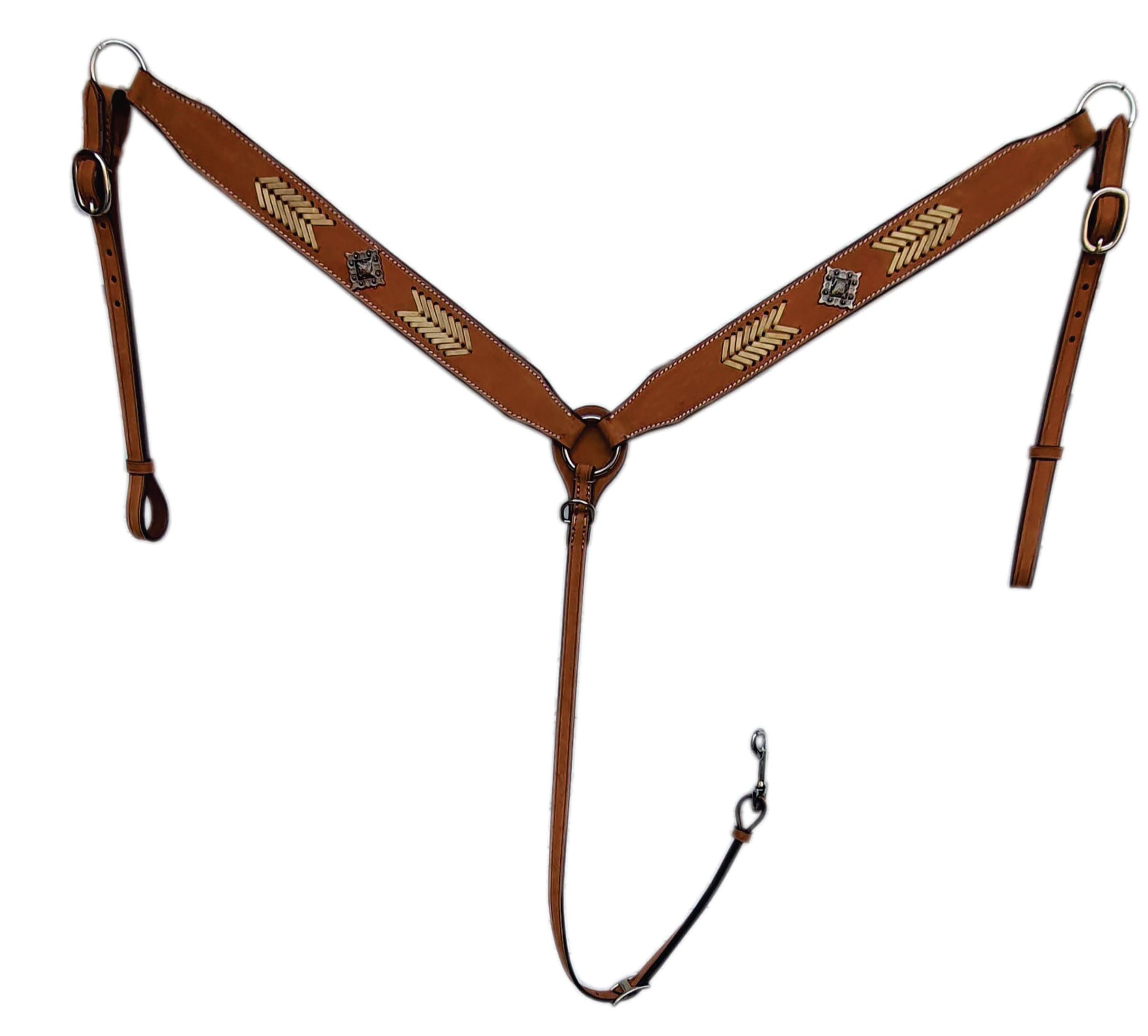 Collar de pecho de cuero crudo con cuentas de cuero crudo para caballos para montar en senderos con acento moderno, tamaño completo