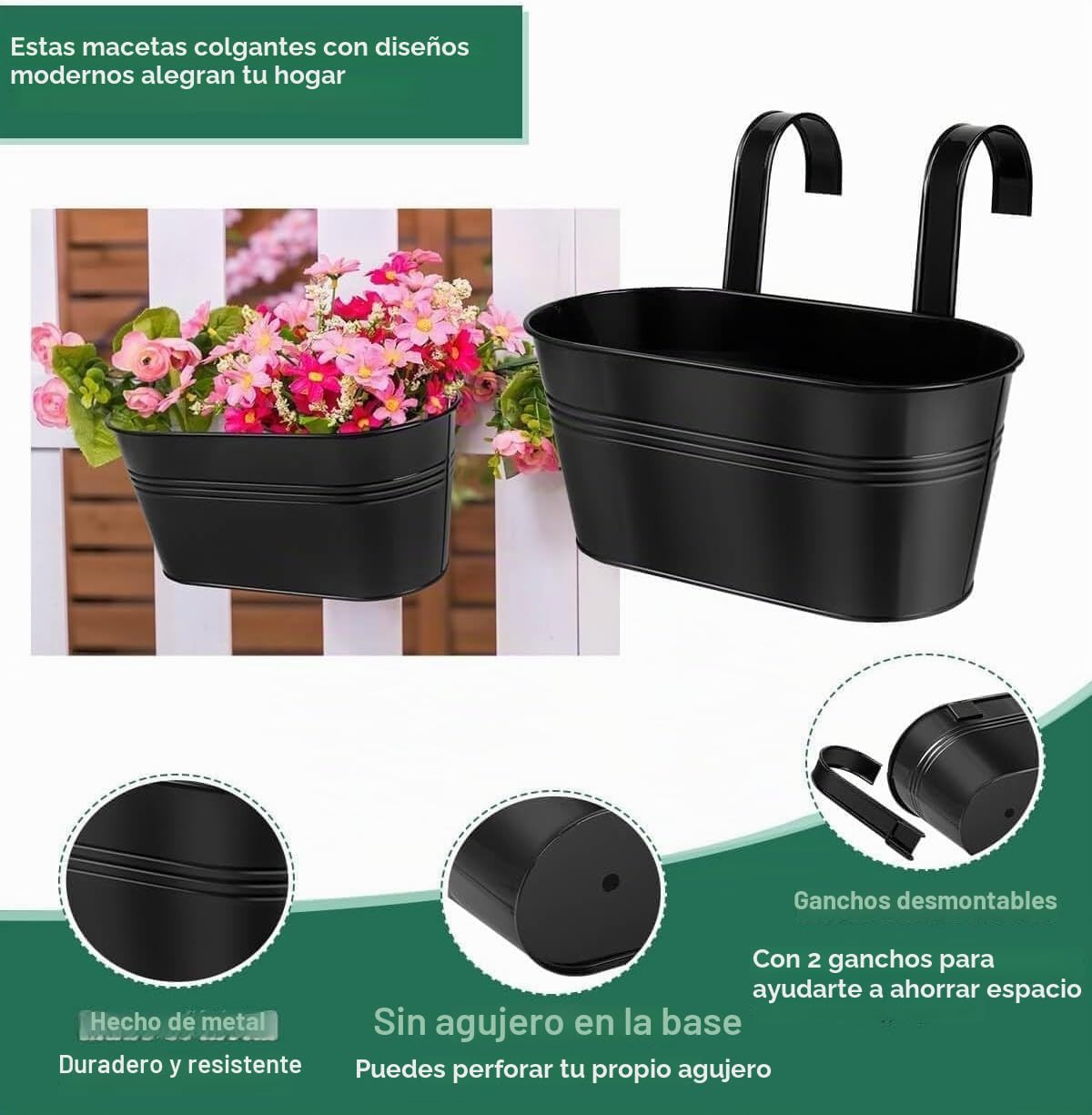 LATERN 4 Piezas Macetas Colgantes de Metal, 27,5CM Macetas Grandes Cubo Colgante para Flores con Gancho Desmontable para Balcón Valla Jardín Hogar Decoración (Negro)