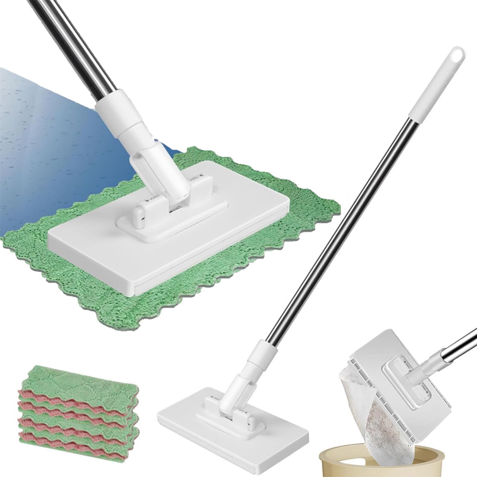 Lazy Mop Clip On, Disposables Dust Mop with 10 Reusable Cloths, Snap Grip Mini Mop with Automatic Cloth Changing & 360° Rotating Head, for Floor Wall Bathroom Kitchen