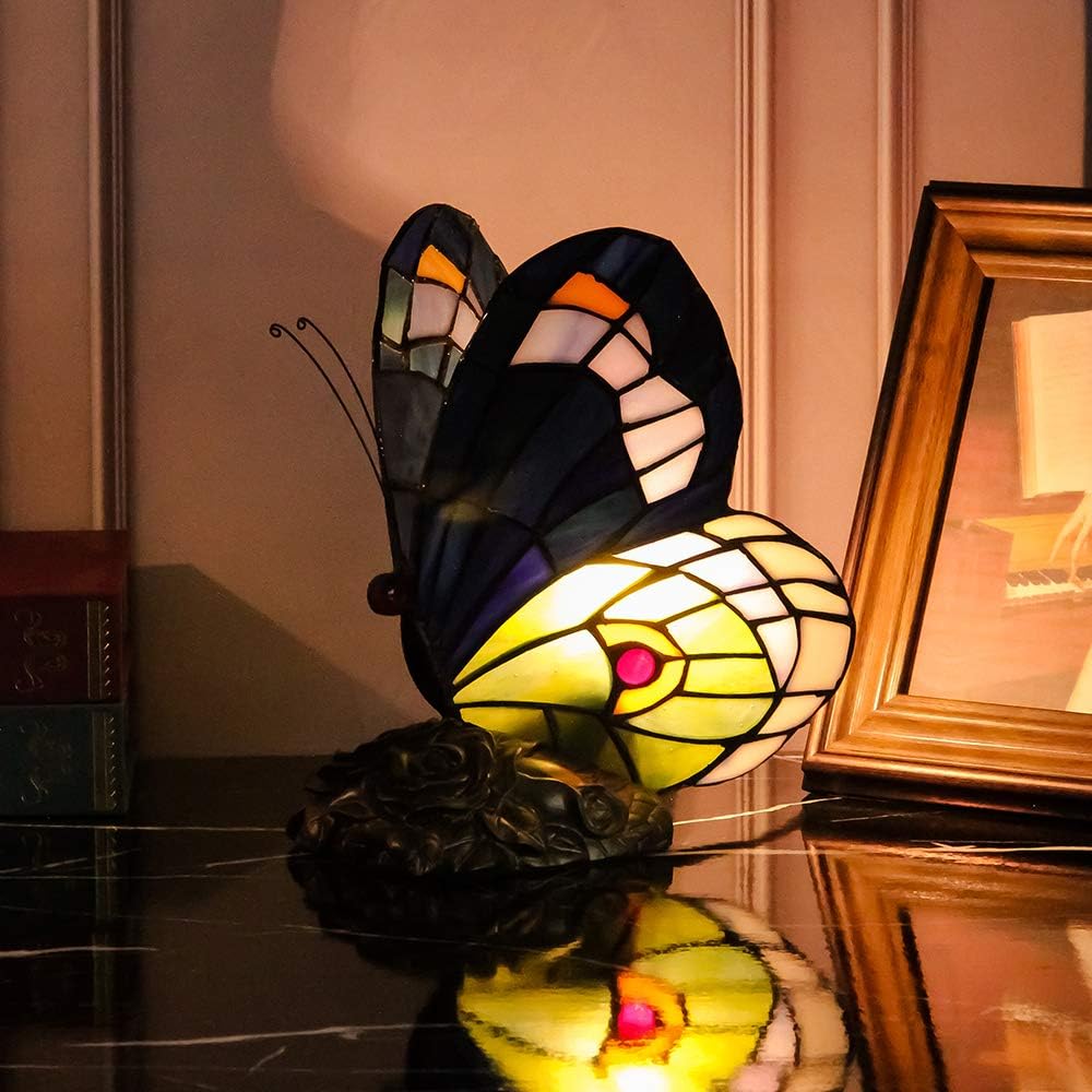 Blасk Frіdау - 80% оƒƒ AphroditeL Tiffany Stained Glass Table Lamp Featuring a Beautiful Butterfly Resting on Flowers Forged into a Polished Antique Brass Finish Metal Lamp Base. The Gift for Any Loved-one, Kitchen