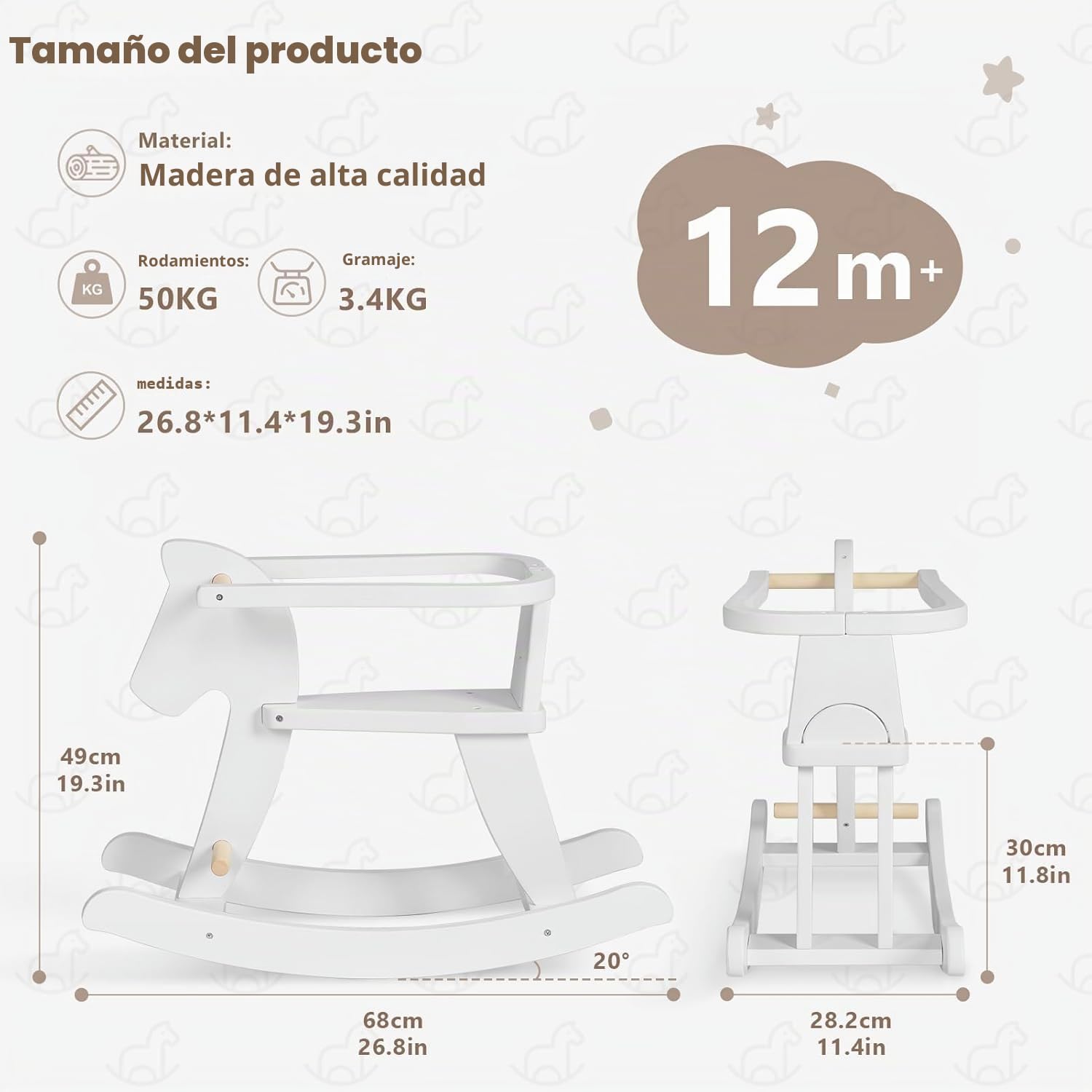 Labebe Bebé Mecedora Madera Blanco, Caballito Blanco para bebé 1-3 años, Caballo Mecedora Caballo pequeño/Columpio niño/Caballito/Animal Swing