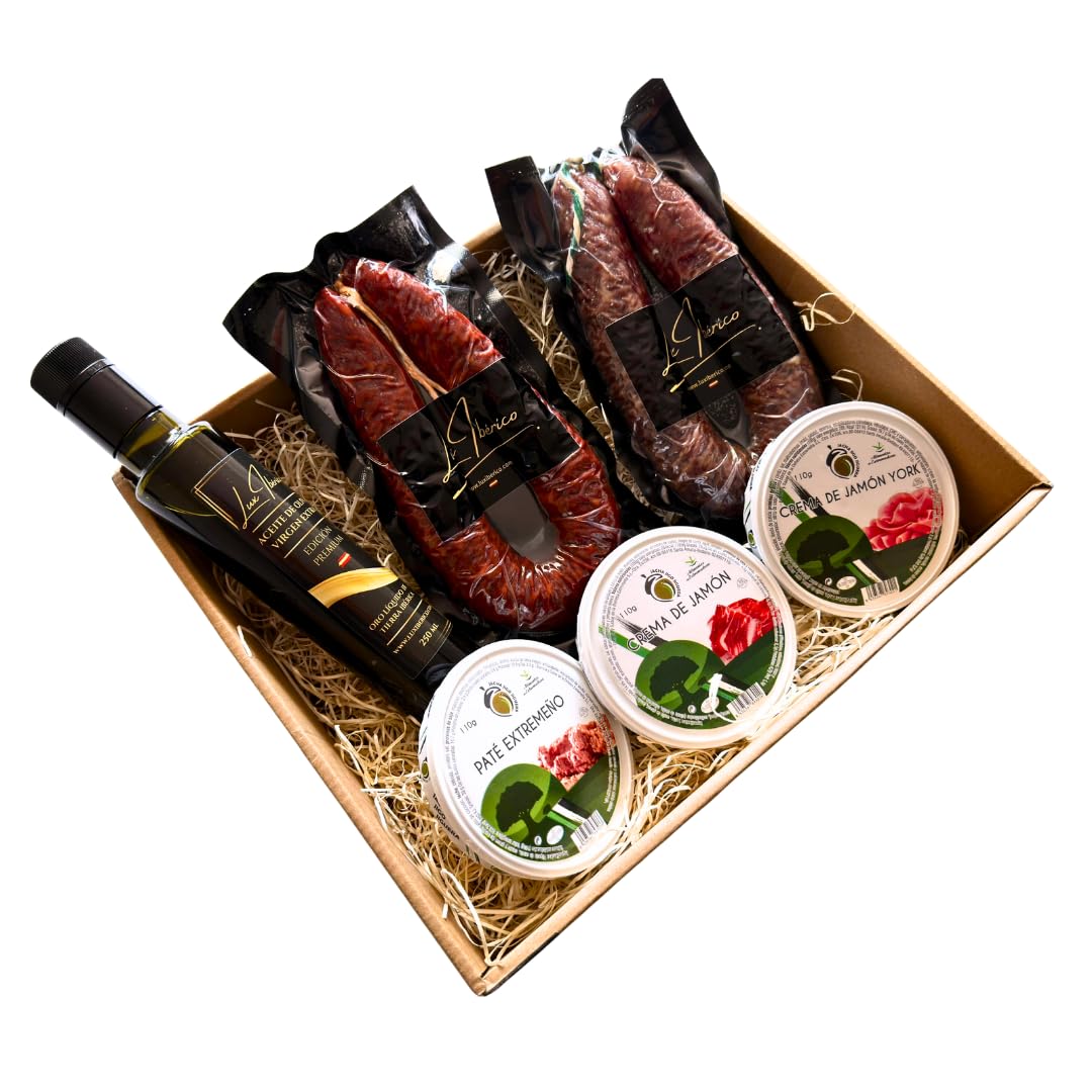 Cesta Regalo Galileo - Embutidos, Patés Extremeños y Aceite de Oliva | Chorizo y salchichón ibérico, tres patés extremeños y aceite de oliva virgen extra. Aperitivo variado listo para regalar.