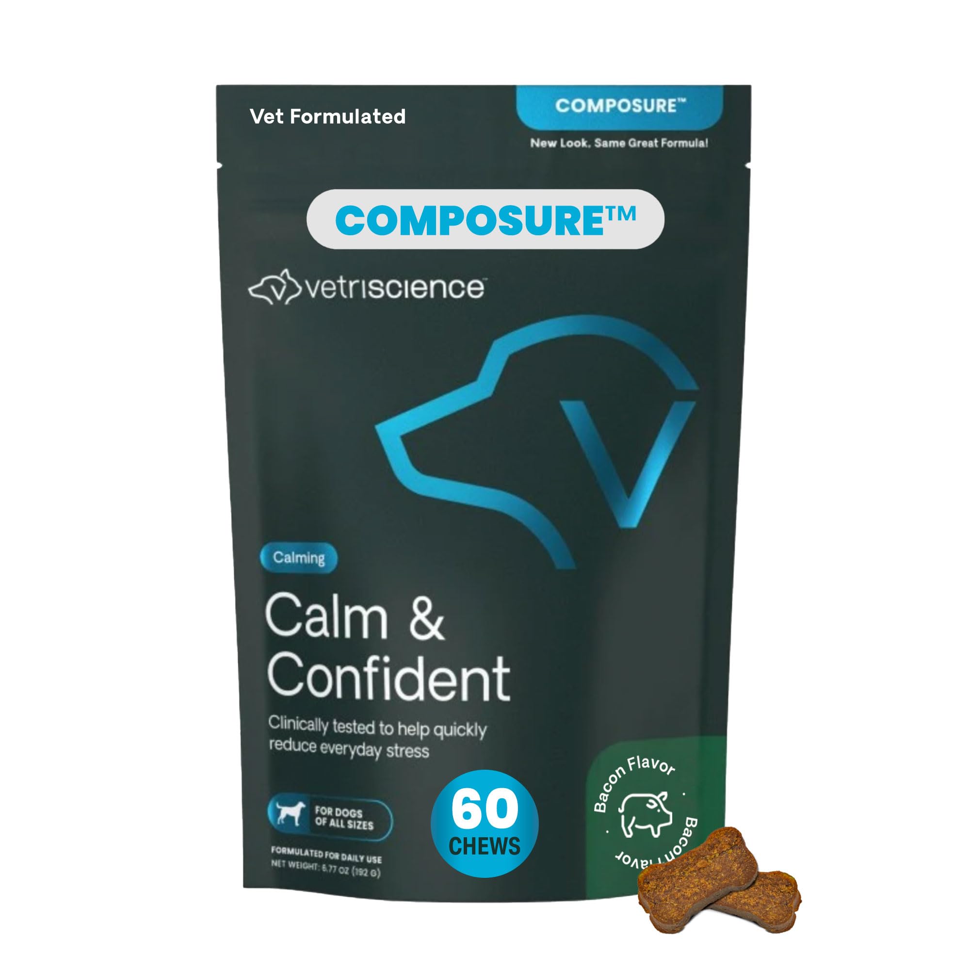 VetriScience Calm & Confident Chews, Composure Clinically Tested Calming and Anxiety Supplement for Dogs, Reduce Stress and Fear, Ideal for Thunderstorms, Fireworks and Travel, Bacon, 60 Count