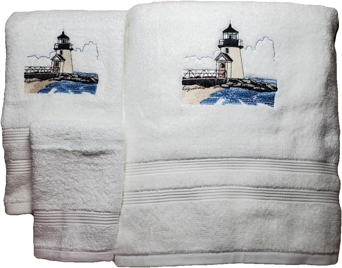 Bath Towel Set with Embroidered Brant Point Lighthouse - White