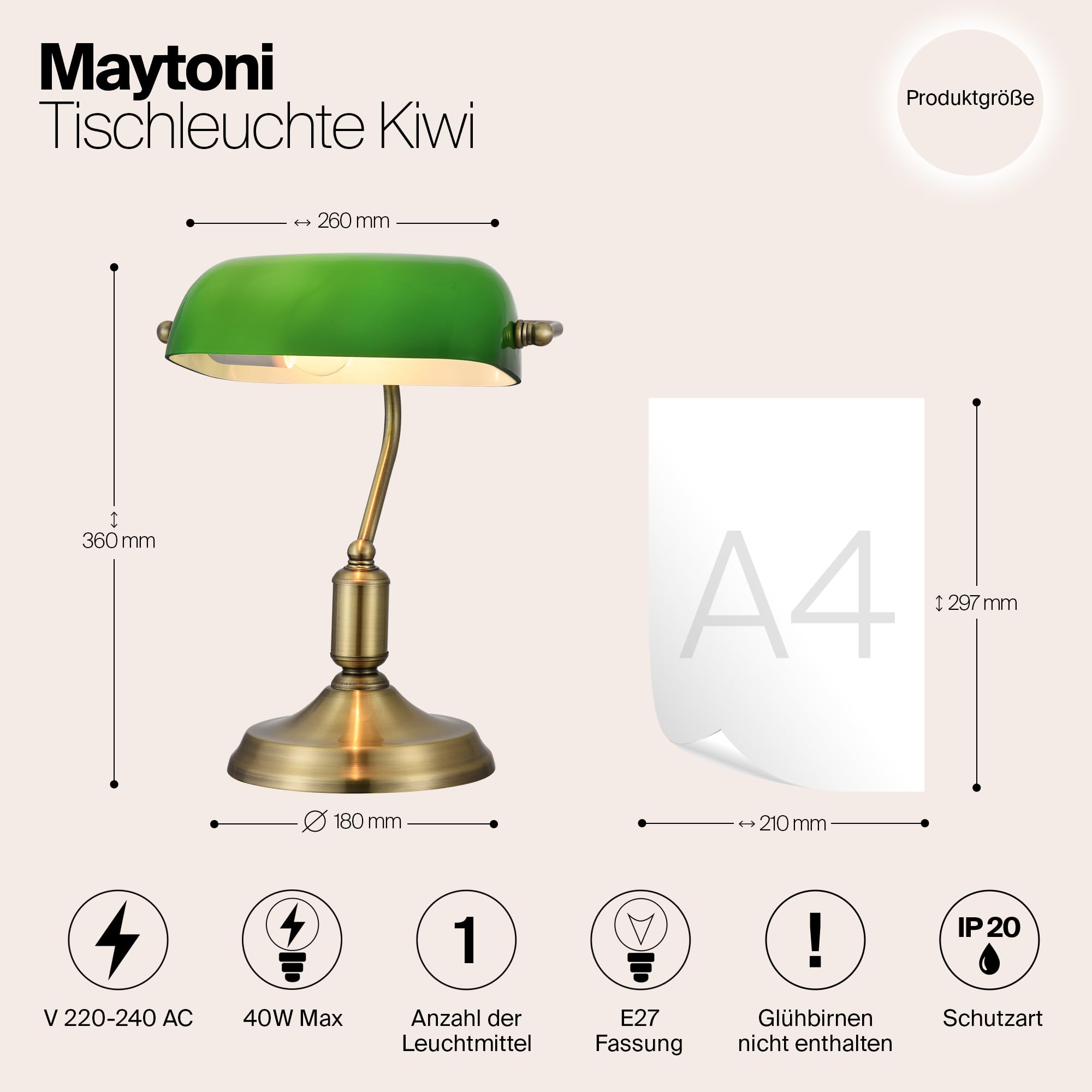 MAYTONI DECORATIVE LIGHTING Schreibtischlampe mit Metallsockel, im Banker Stil, Lampenschirm aus geblasenem Glas, grün, 1-flammig, 1 X E27 40W