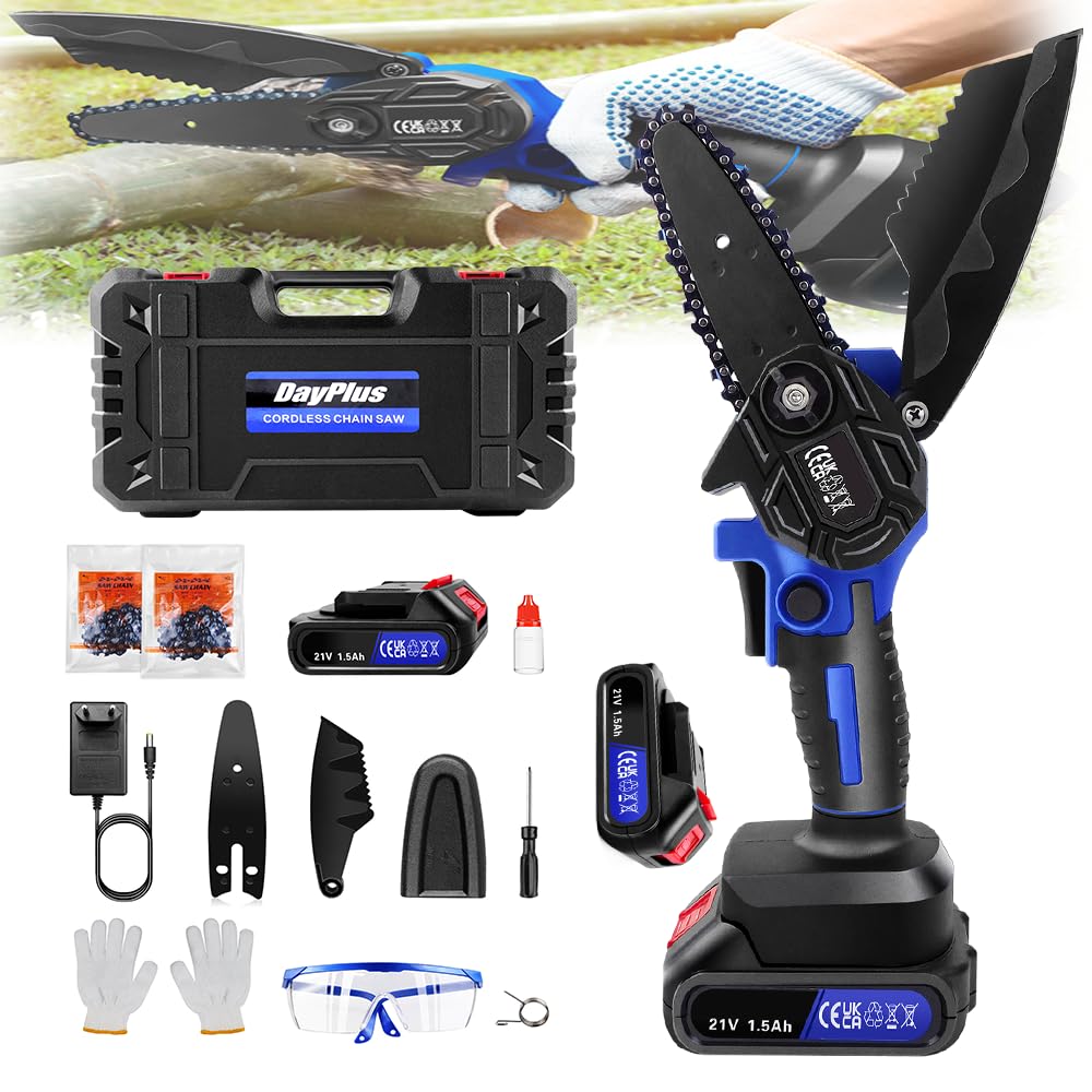 Brushless Electric Chainsaw Handheld Mini Chainsaw Cordless 4 Inches, Cordless Chainsaw Pruning Saw Lightweight Wood Saw for Courtyard, Garden, Household, 2 Rechargeable 1.5Ah Batteries
