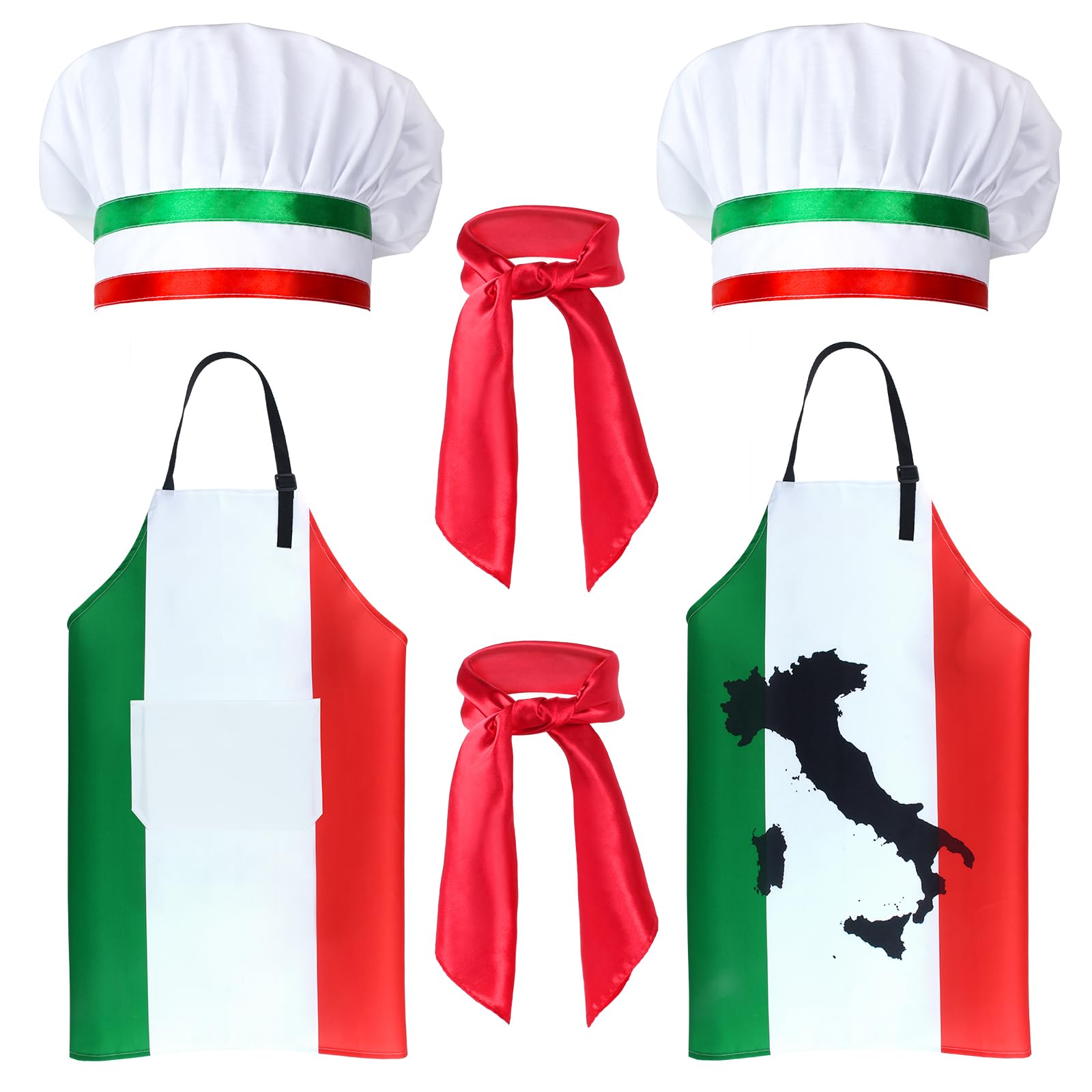Kyson 6 Pieces Italian Flag Chef Costume Italian Pizza Chef Bib Apron and Hat Bandanas for Adult Baking Grilling Cooking