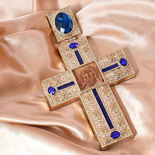 Nazareth Store Pectoral Cross Wooden Jesus Face Crucifix Pendant Icon Blue Crystallized Stones Elements Christian Priest Bishop Necklace 23"3