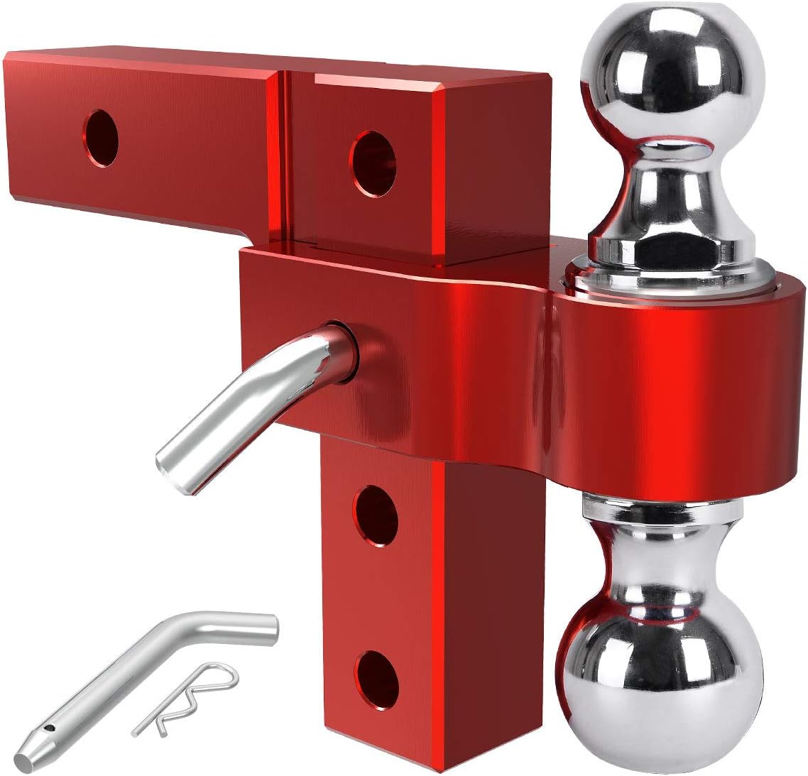 YITAMOTOR YS0901Y219 Adjustable Trailer Hitch, Fits 2-Inch Receiver, 6-Inch Drop Hitch, Aluminum Tow Hitch, Ball Mount, 2 and 2-5/16 inch Combo Stainless Steel Tow Balls with Double Pins, Red