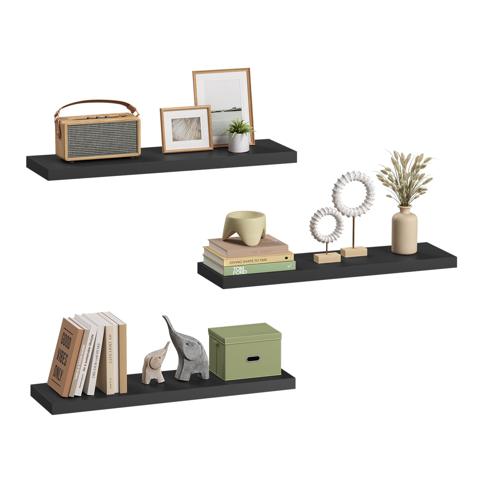 eSituro Floating Shelves, Set of 3 Large Black Wall Shelves,Simple to Install Wooden Shelf for Bedroom,Living Room,Kitchen,Display Storage Rack, Home Office Furniture Each Shelf 80x23x3.8cm — image 1