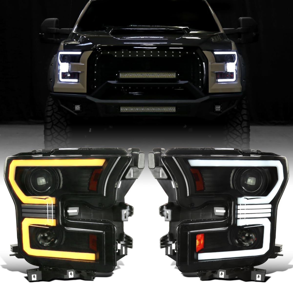 Ronnin - Fits 2015-2017 Ford F150 Halogen Dual Projector Headlights LED DRL Switchback Sequential Turn Signals With 2 Lighting Patterns Assembly Pair